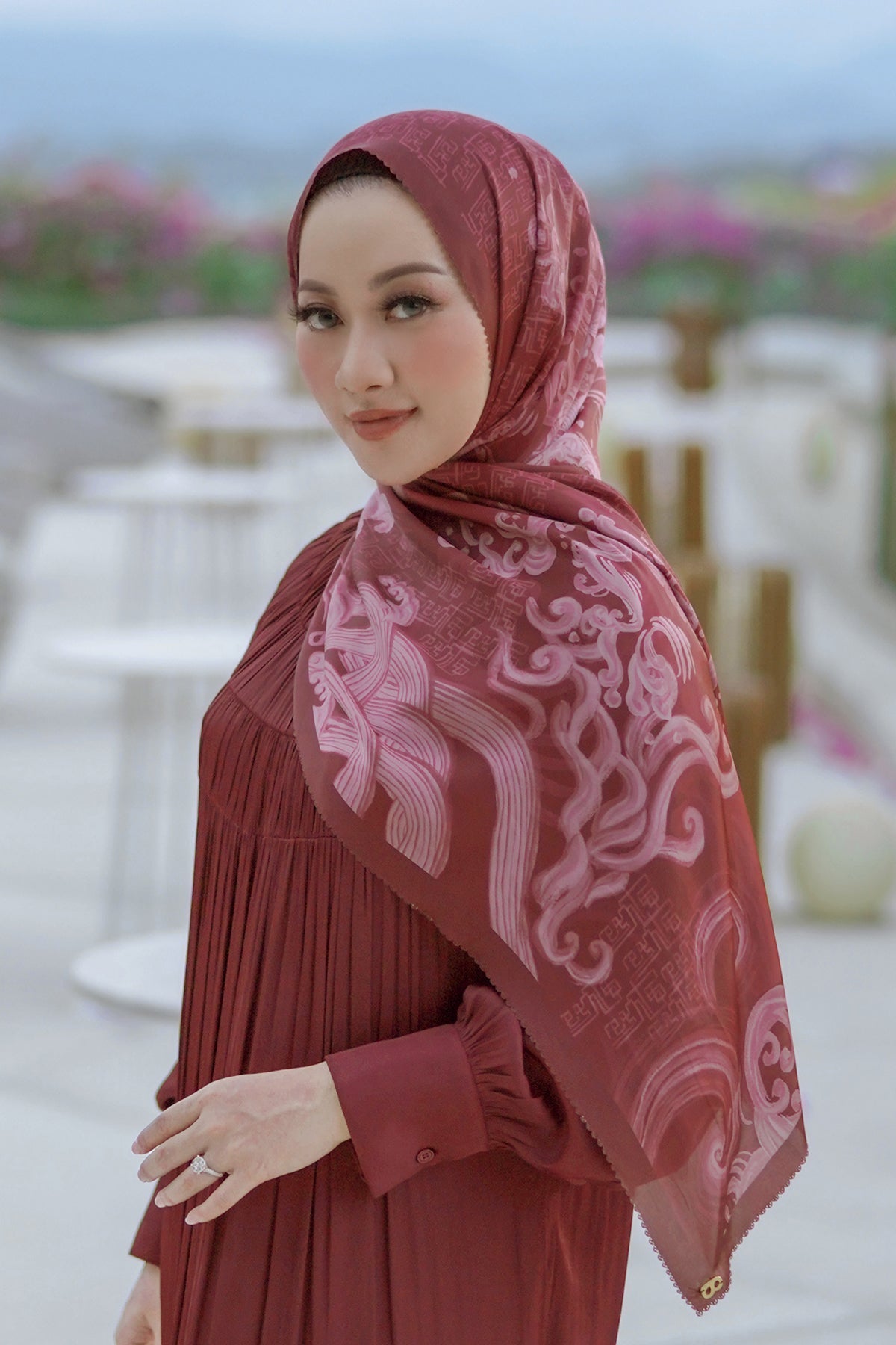 The Wave Satin Shawl in Maroon