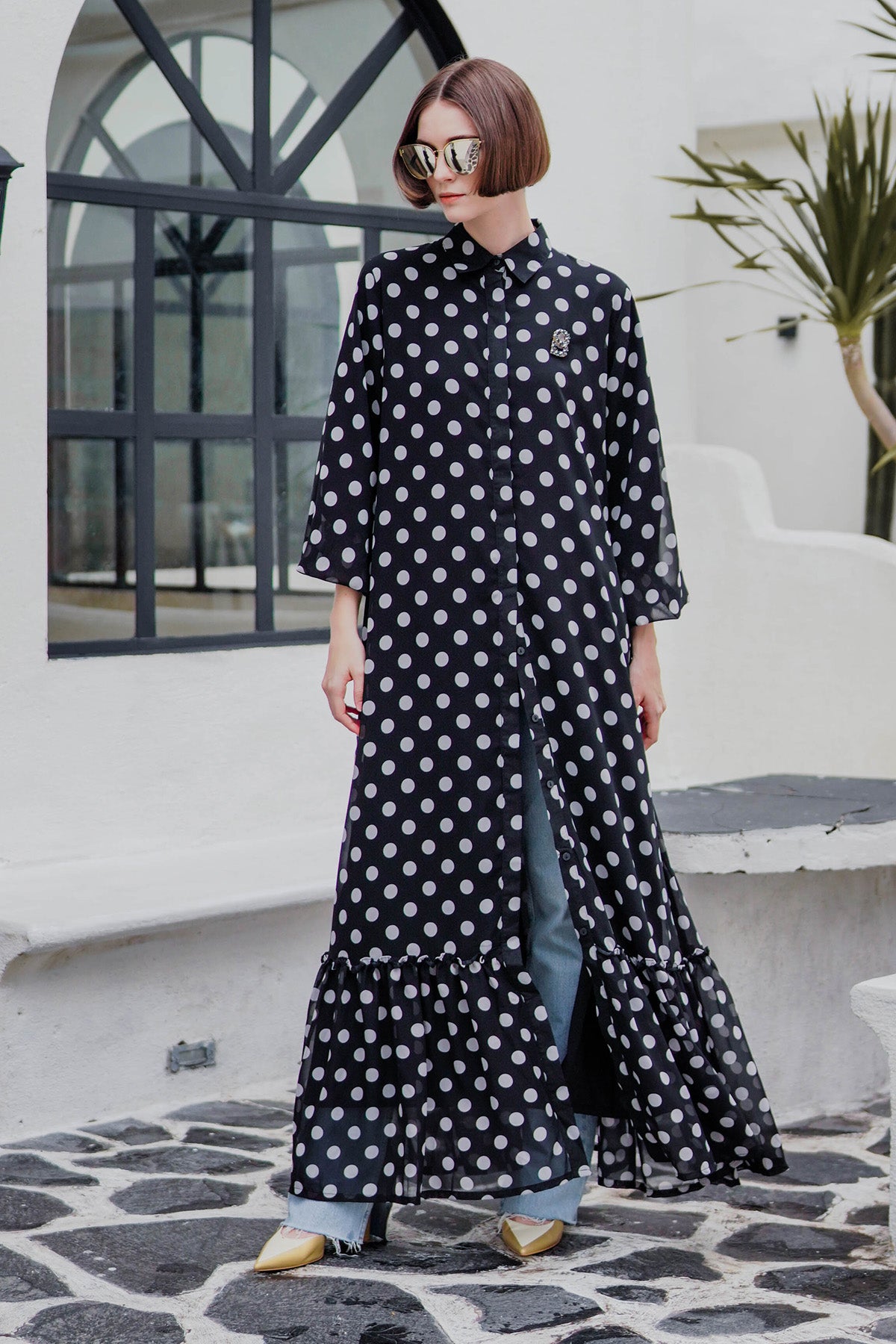 U Neck Ruffle Detail Polka Dot Maxi Dress