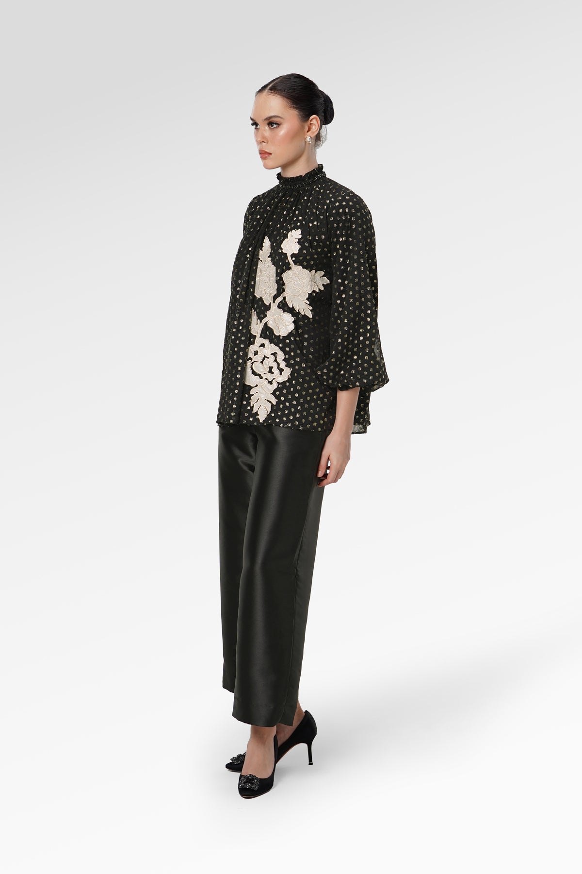 Blooming Eid Polka Dot Blouse - Black Iris