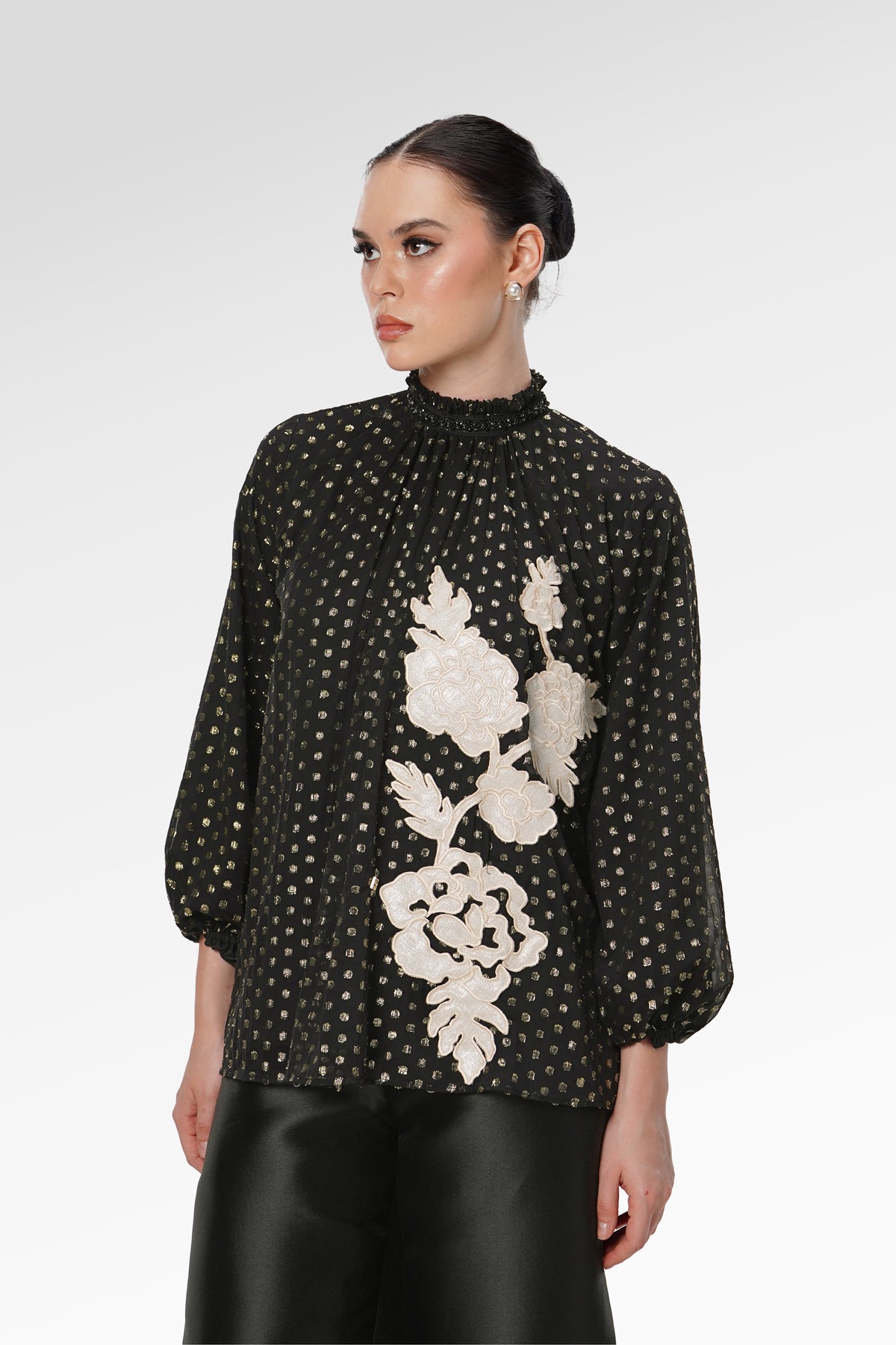 Blooming Eid Polka Dot Blouse - Black Iris