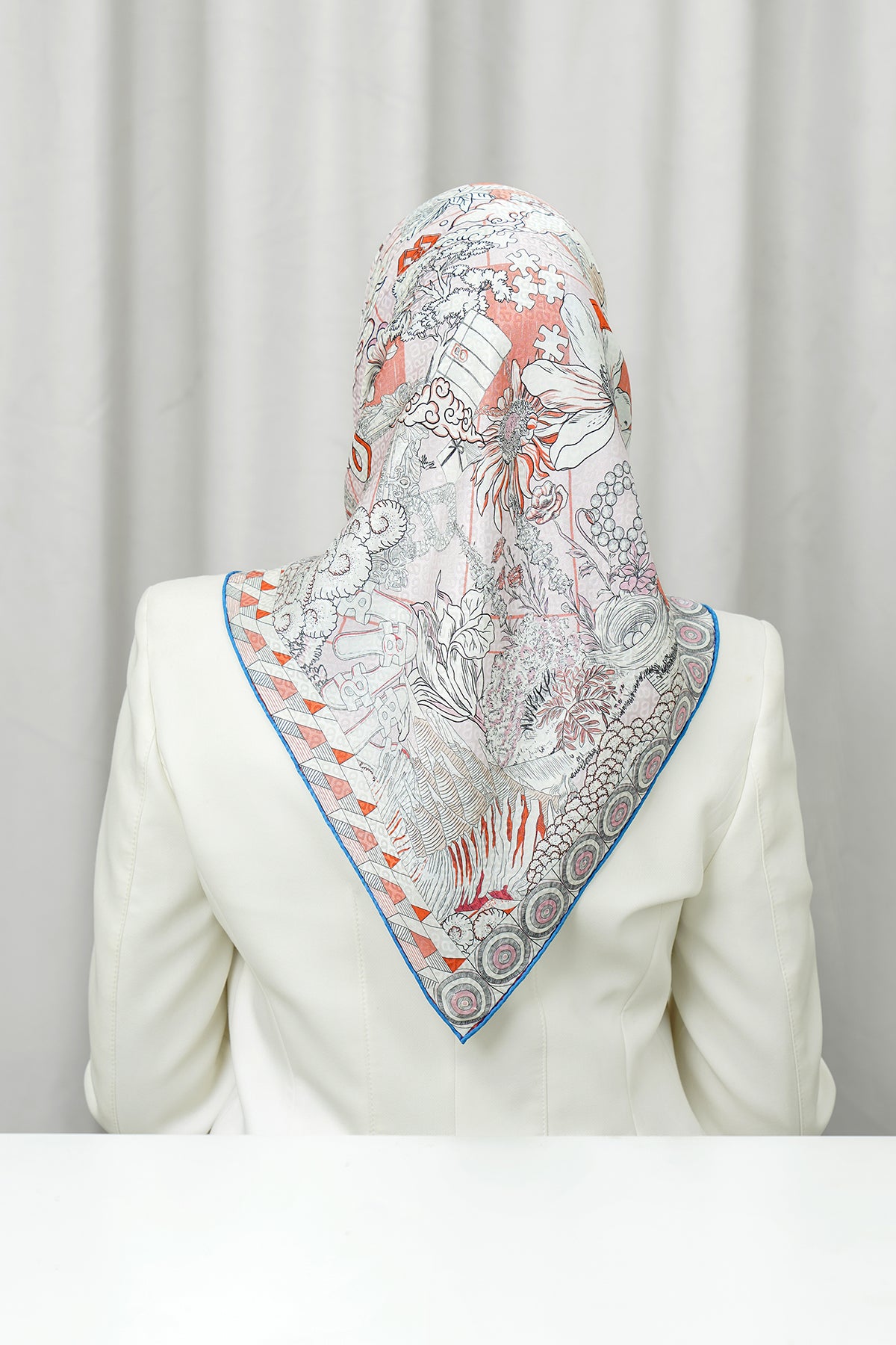 Silk Jacquard Square - Compass Blue & Peach