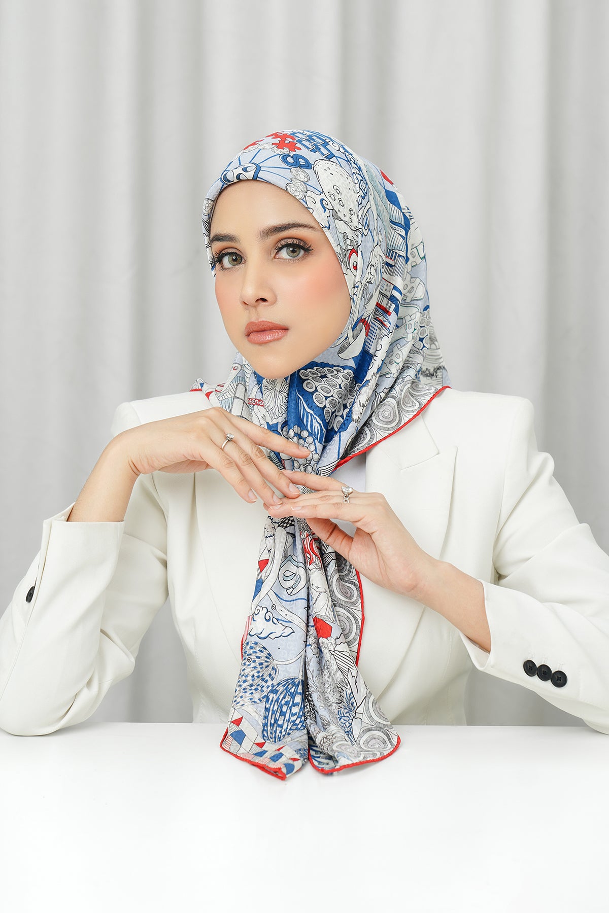 Silk Jacquard Square - Compass Blue & Red