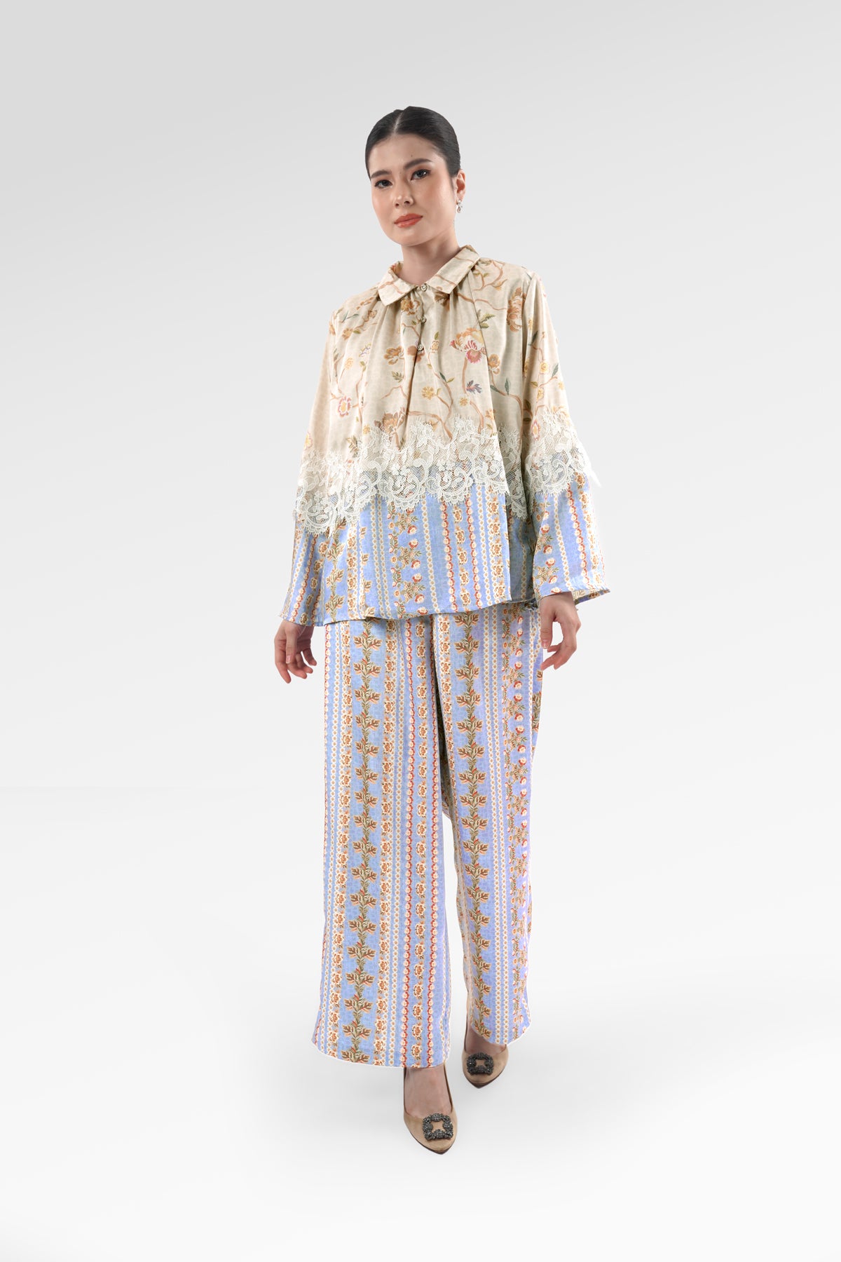 Blooming Eid Satin Shirt - Blue Bell