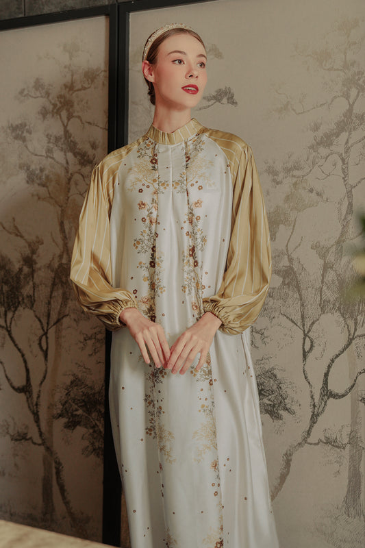 Chinoiserie Dress with Raglan Sleeves - Gold Cream