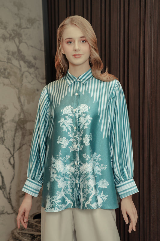 Chinoiserie Pleated Shirt - Teal