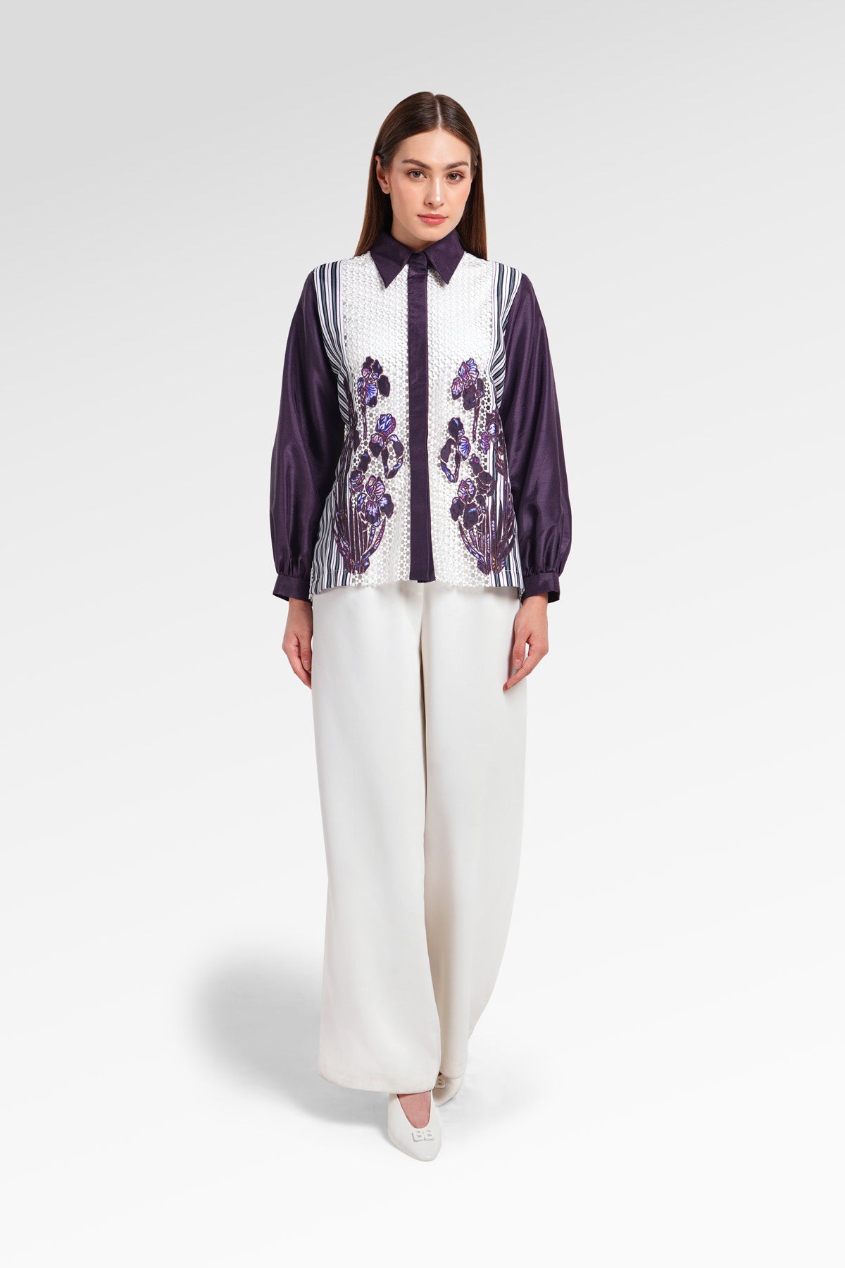 Opulent Bloom Embroidery Lace Shirt - Deep Violet