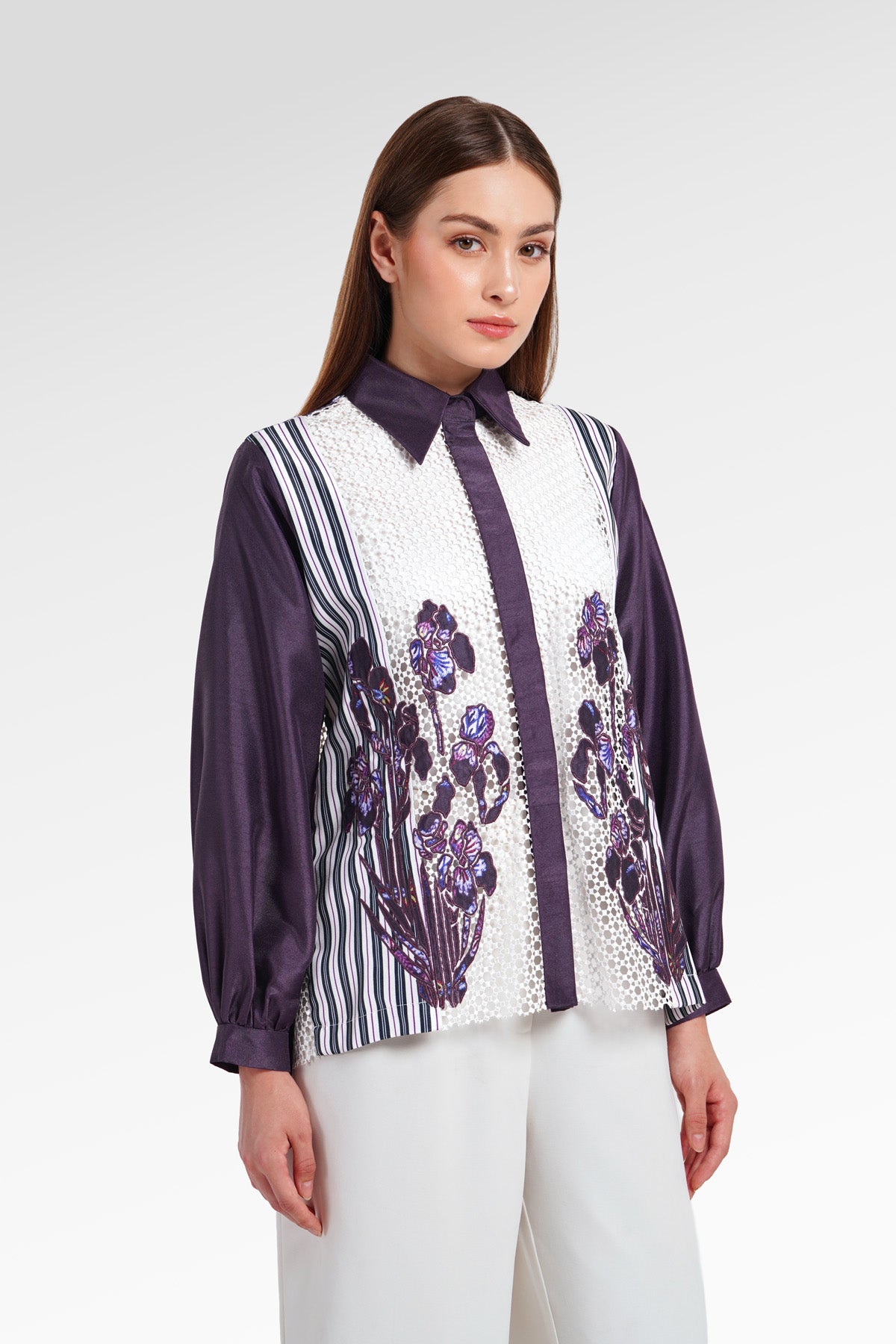 Opulent Bloom Embroidery Lace Shirt - Deep Violet