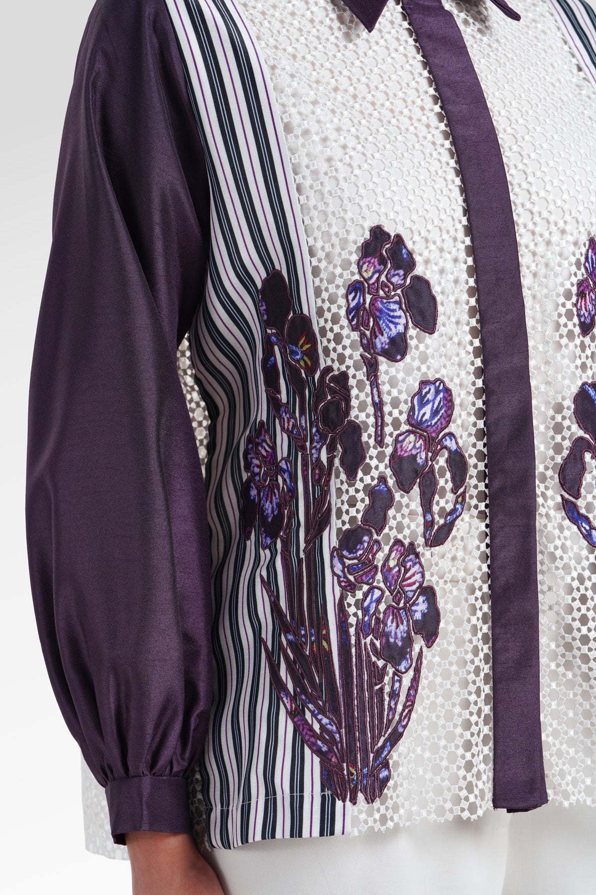 Opulent Bloom Embroidery Lace Shirt - Deep Violet