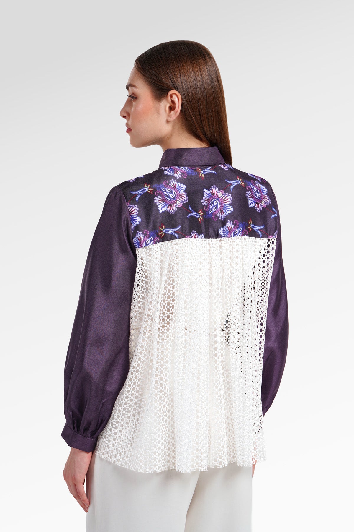 Opulent Bloom Embroidery Lace Shirt - Deep Violet