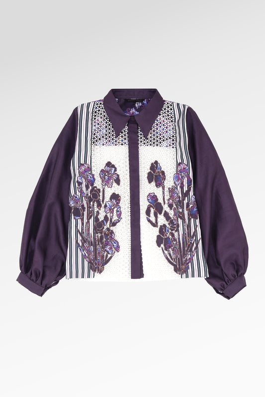 Opulent Bloom Embroidery Lace Shirt - Deep Violet