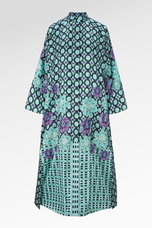 Opulent Bloom Embroidery Shirt Dress - Teal Mirage
