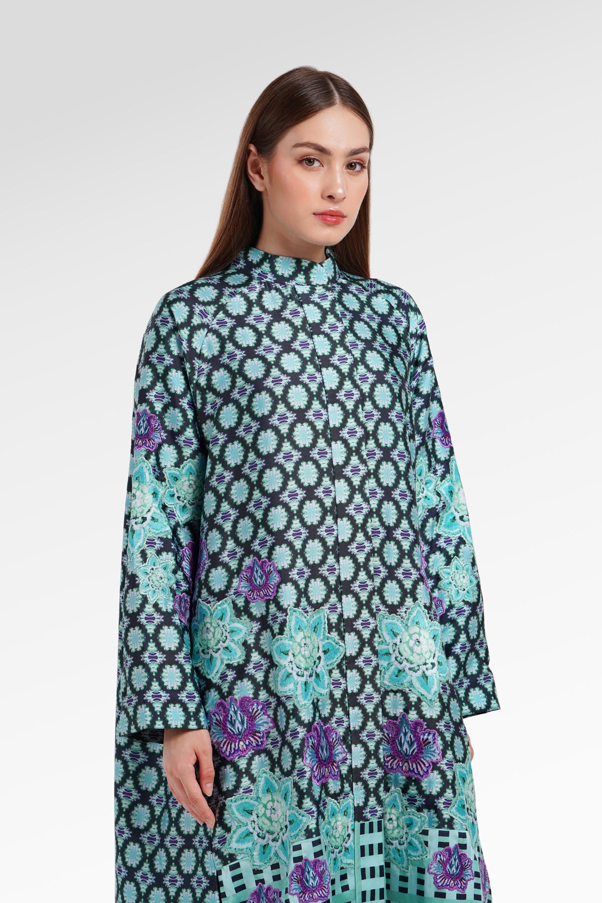 Opulent Bloom Embroidery Shirt Dress - Teal Mirage