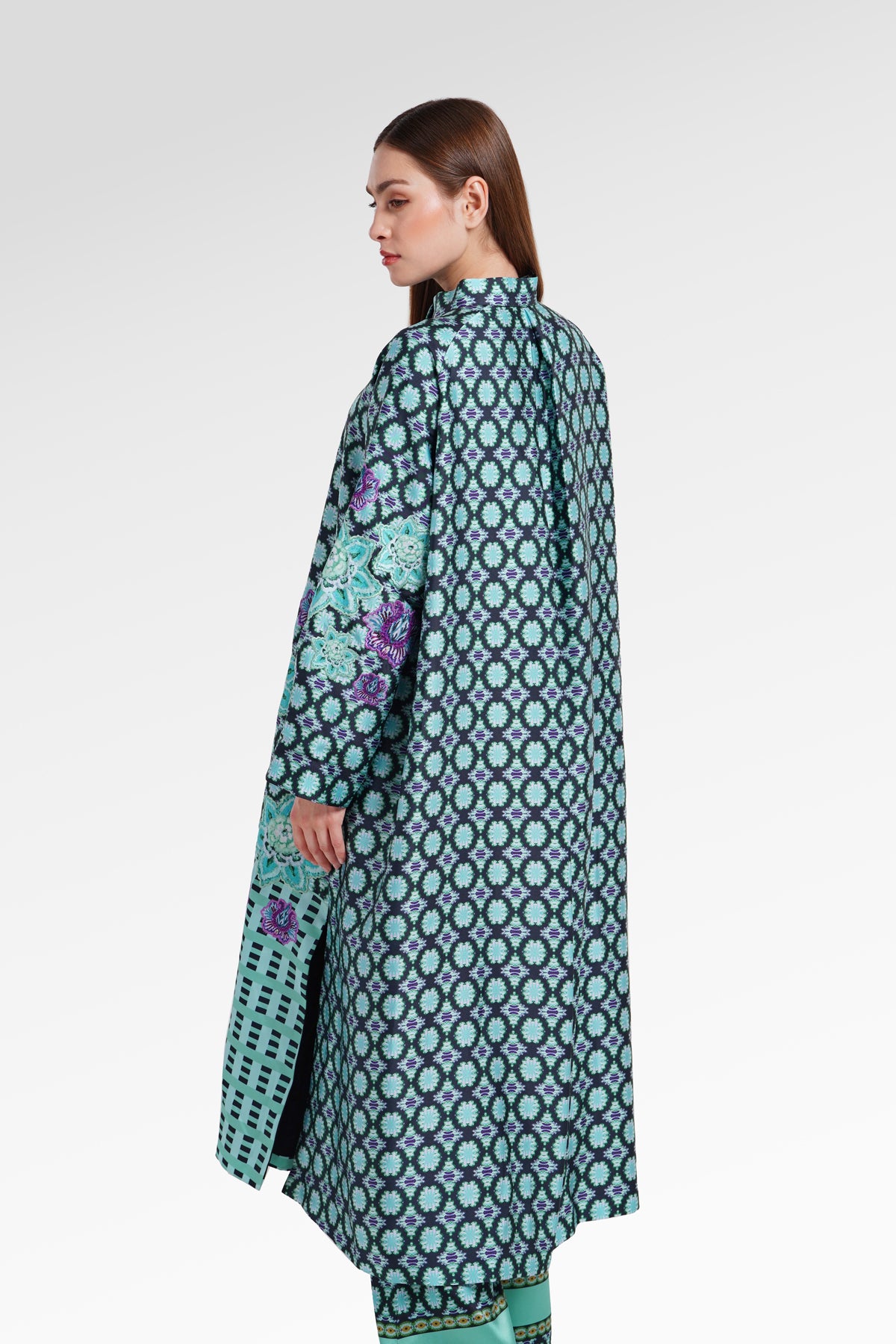 Opulent Bloom Embroidery Shirt Dress - Teal Mirage