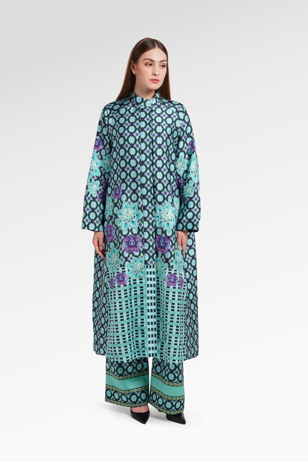 Opulent Bloom Embroidery Shirt Dress - Teal Mirage