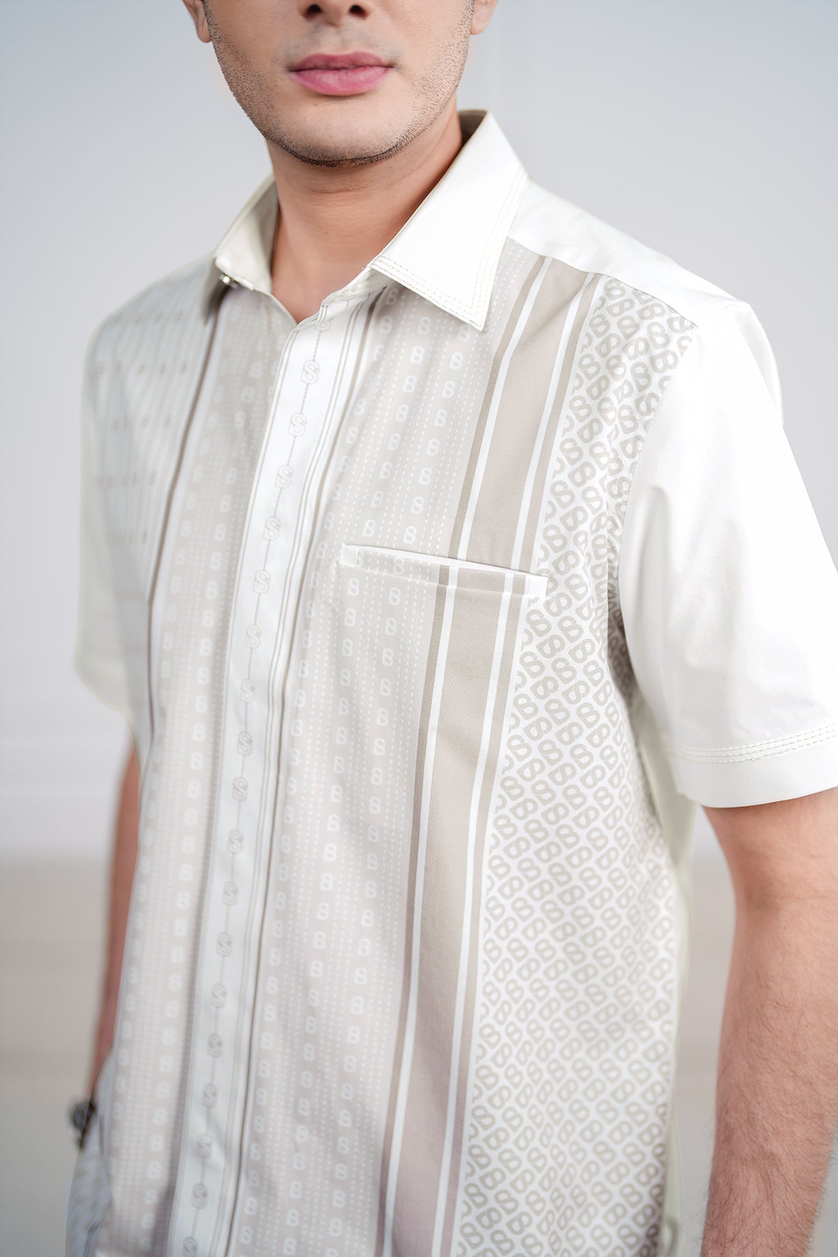 Stripe Men Shirt - Short Sleeve - Off-White