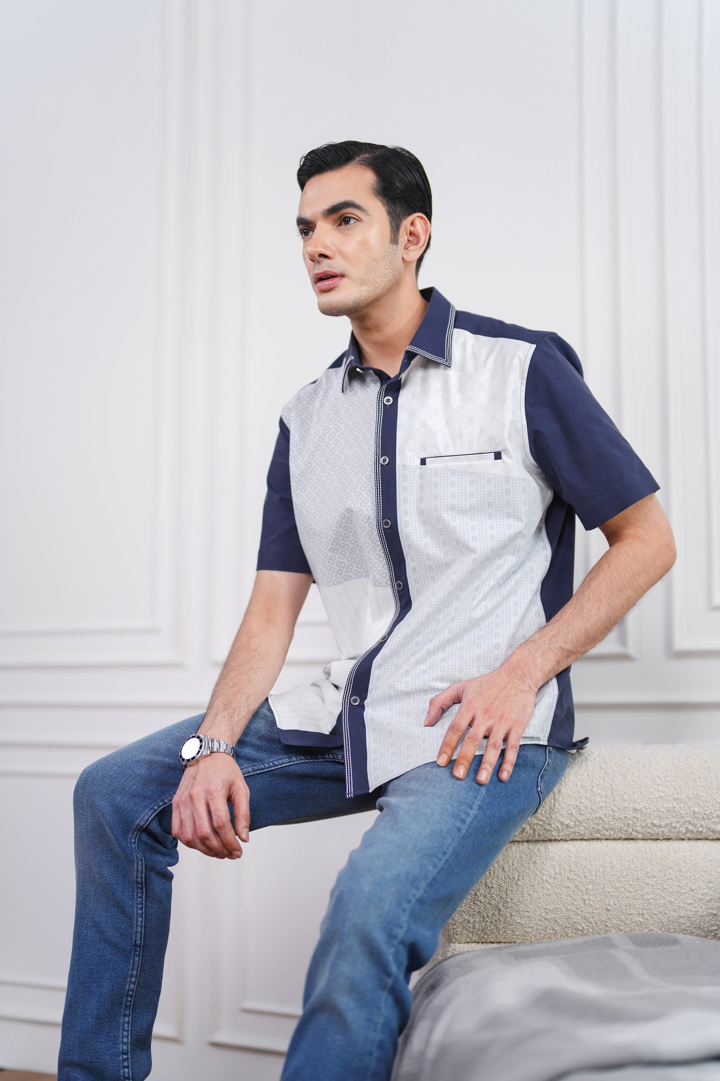 Mixture Men Shirt - Short Sleeve - Navy/Light Grey