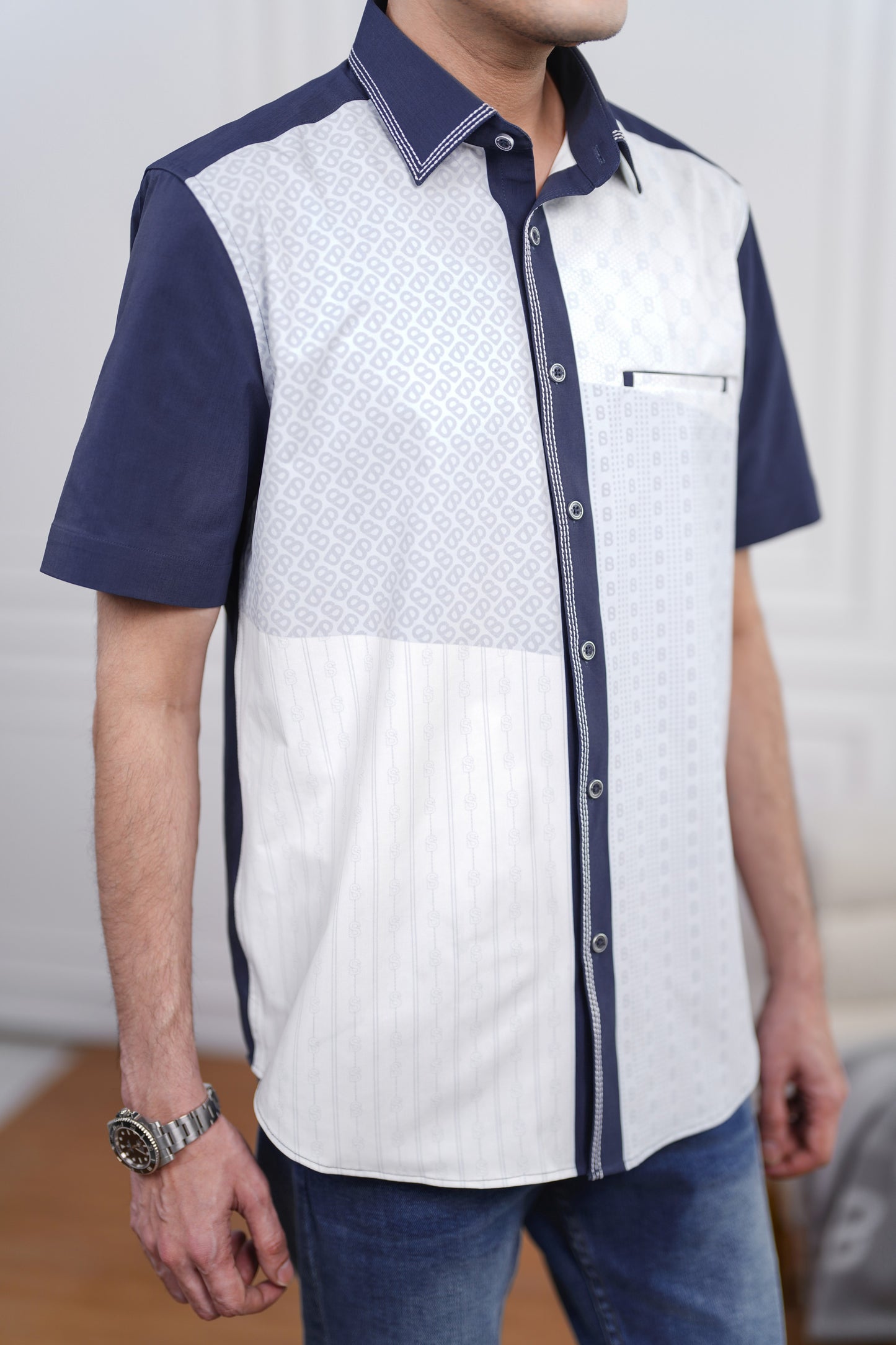 Mixture Men Shirt - Short Sleeve - Navy/Light Grey