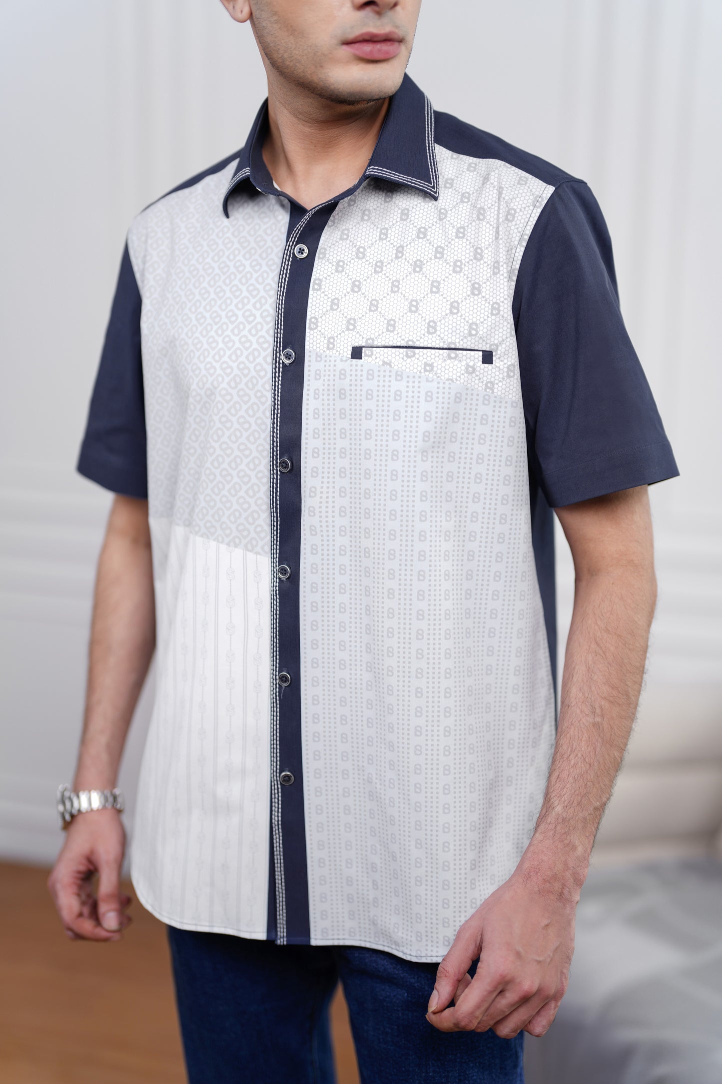 Mixture Men Shirt - Short Sleeve - Navy/Grey