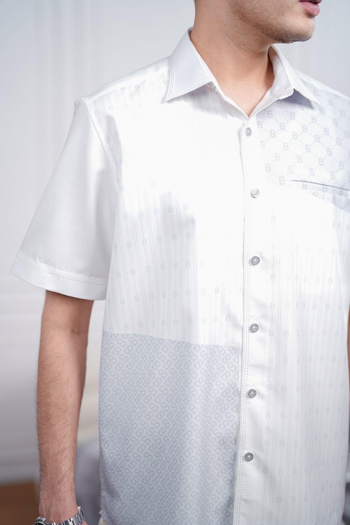 Patchwork Men Shirt - Short Sleeve - Off-White