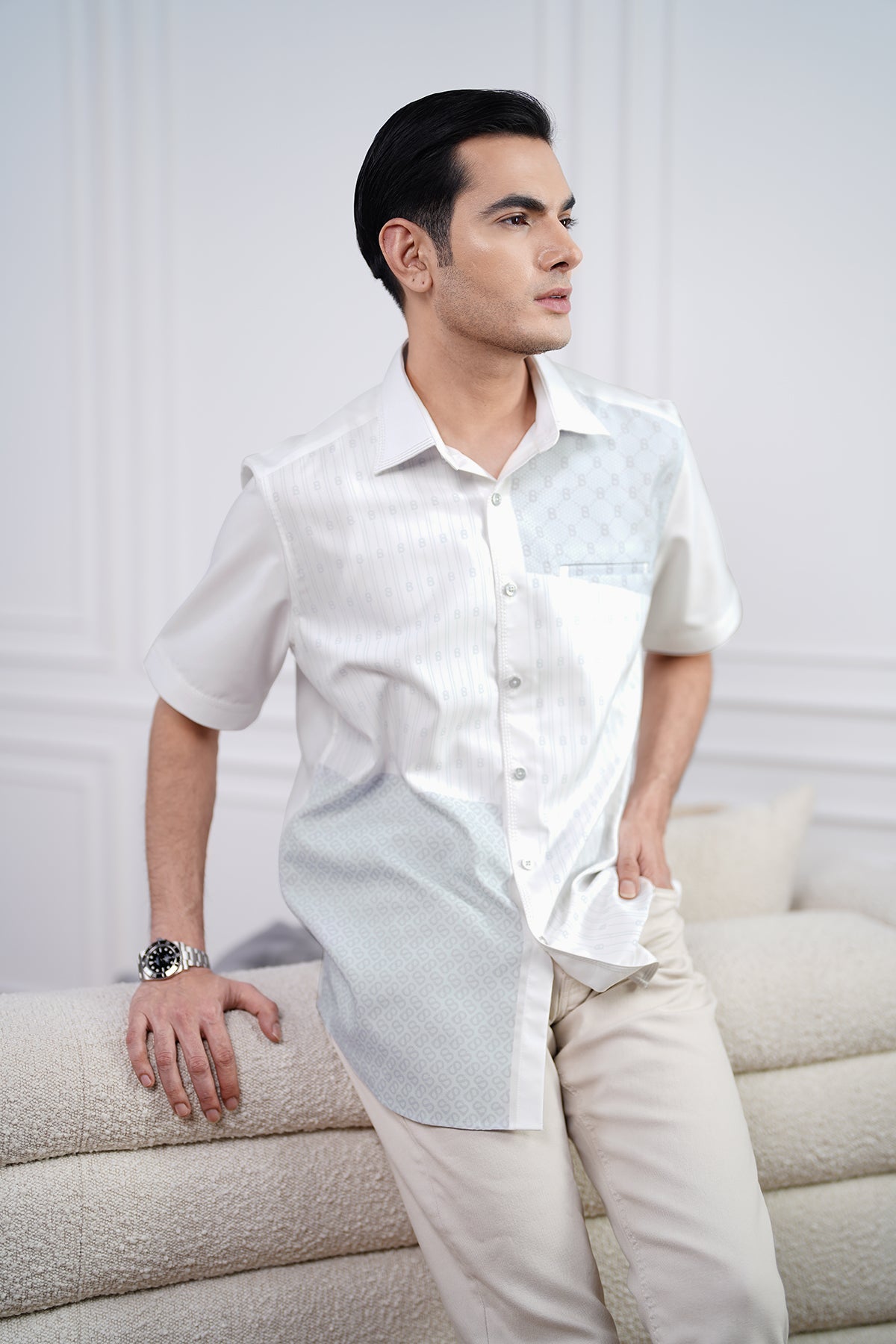 Patchwork Men Shirt - Short Sleeve - Off-White