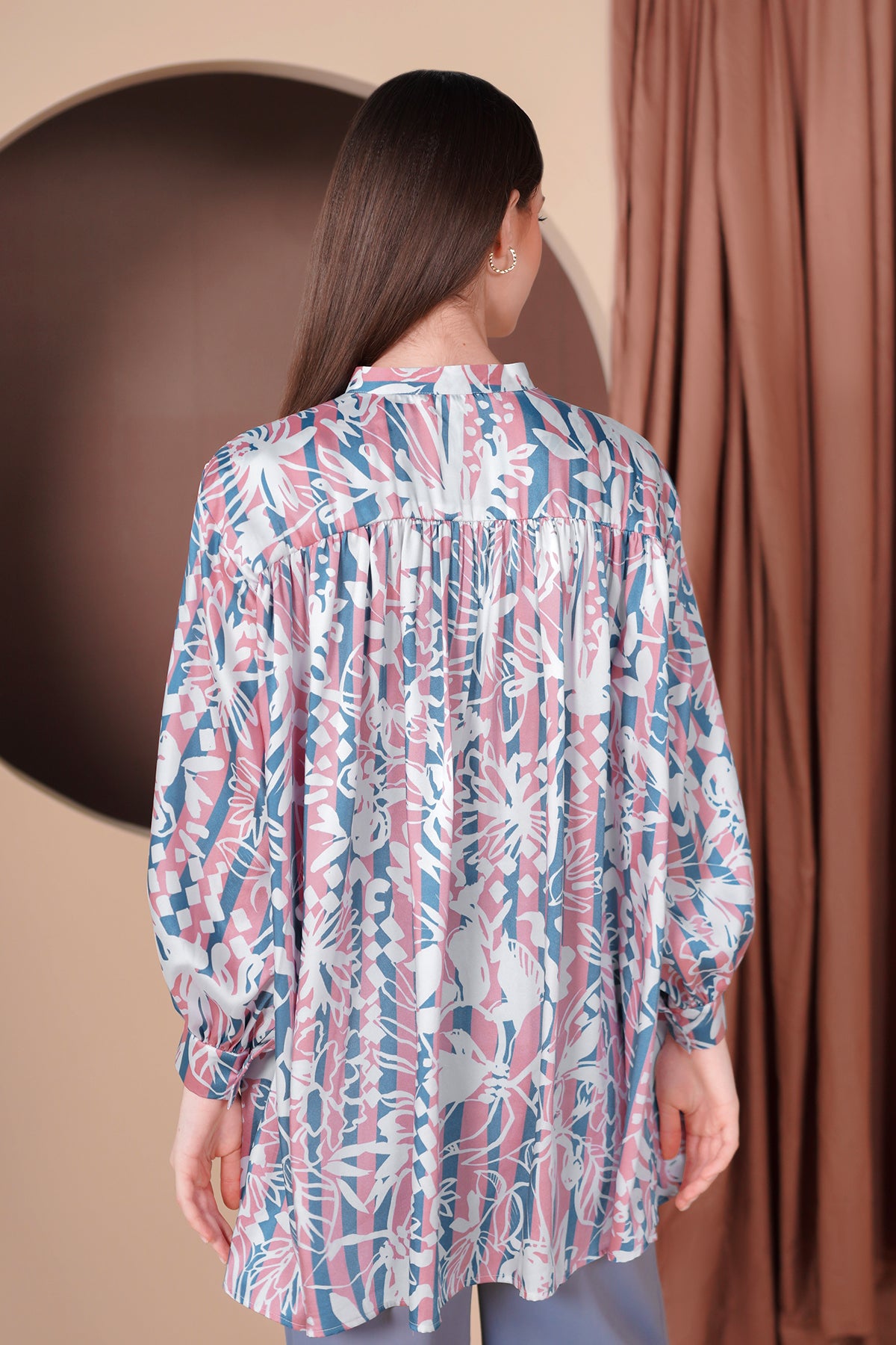 Floral Stripes Gathers Shirt - Blue