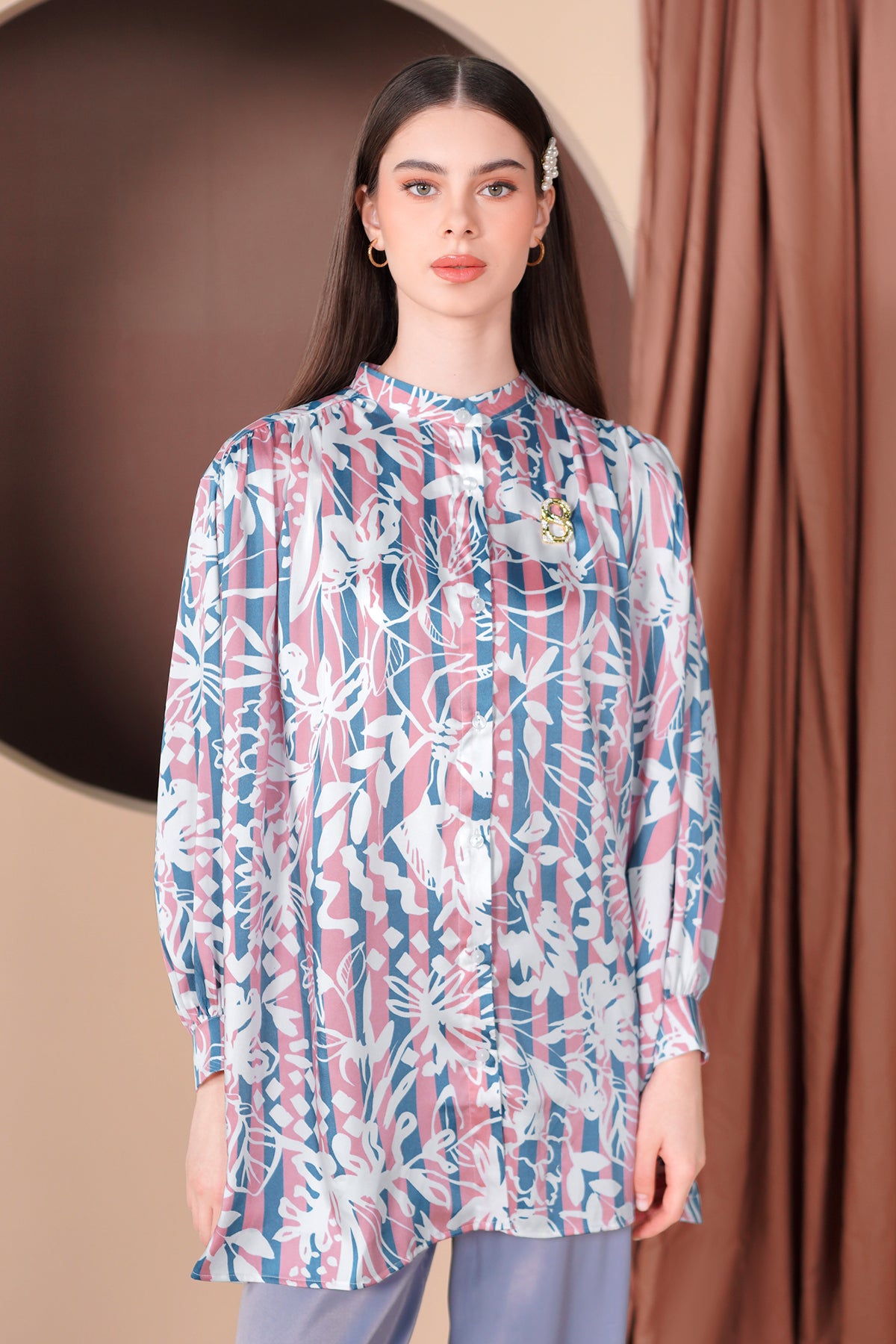 Floral Stripes Gathers Shirt - Blue