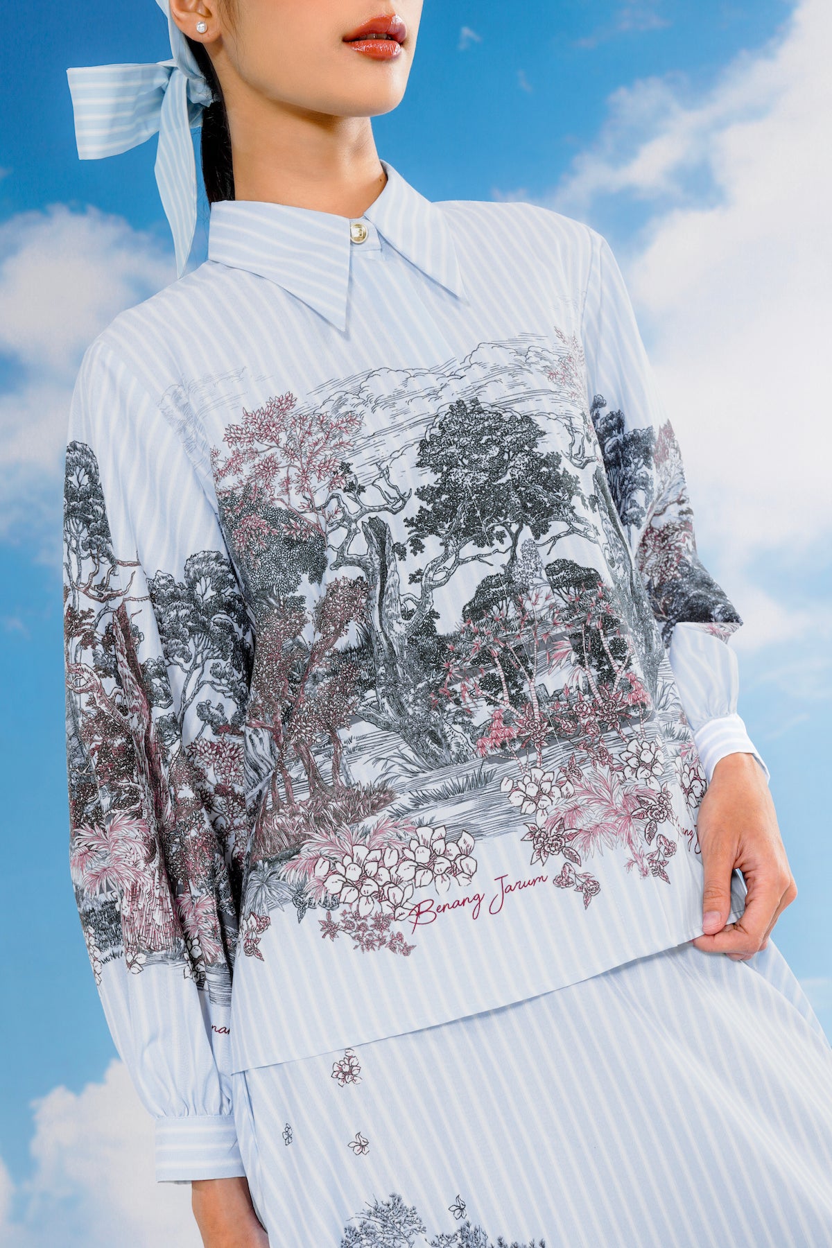 Forest Toile Crop Shirt - Powder Blue