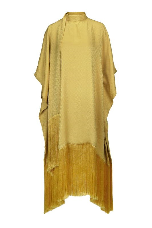 Monogram Satin Fringe Kaftan Dress - Gold