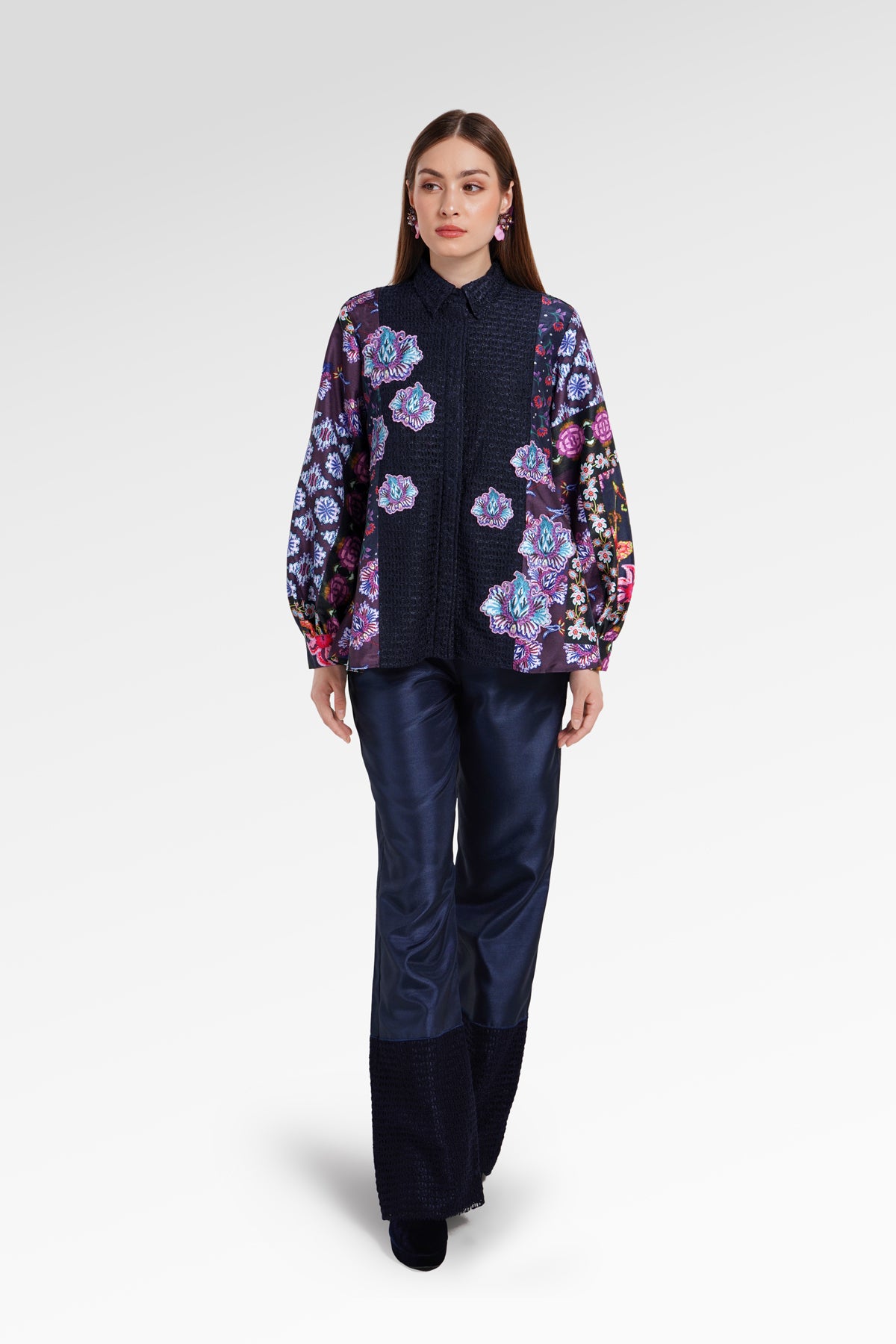 Opulent Bloom Pleated Shirt - Midnight Mosaic