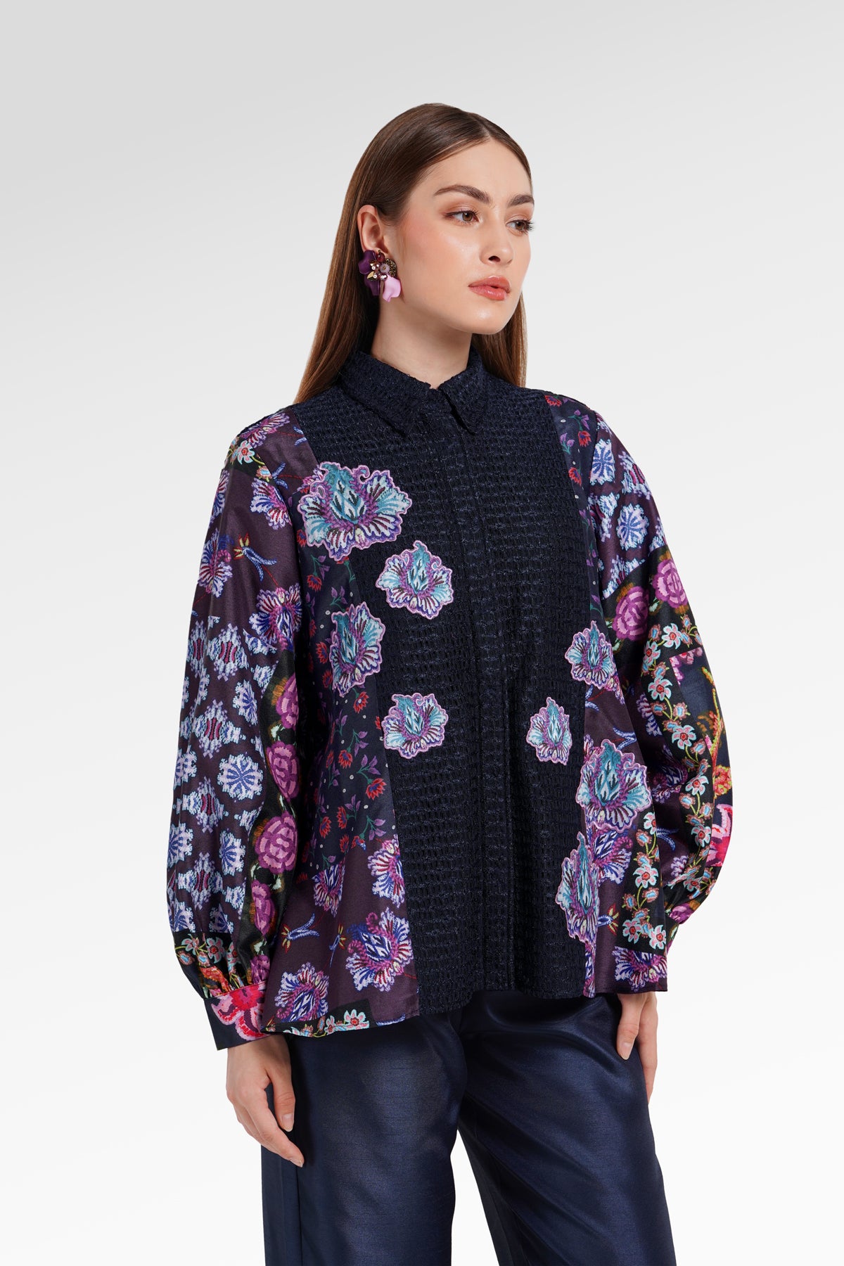 Opulent Bloom Pleated Shirt - Midnight Mosaic
