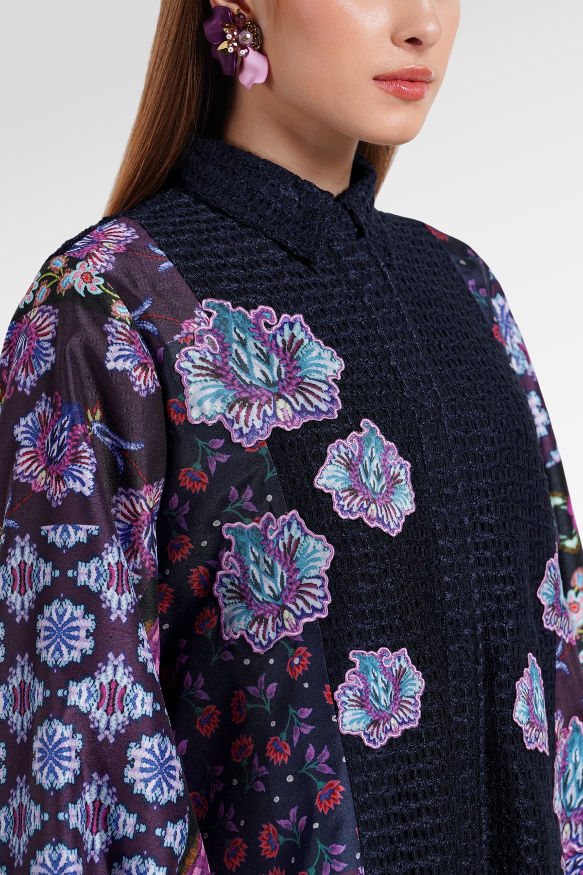 Opulent Bloom Pleated Shirt - Midnight Mosaic