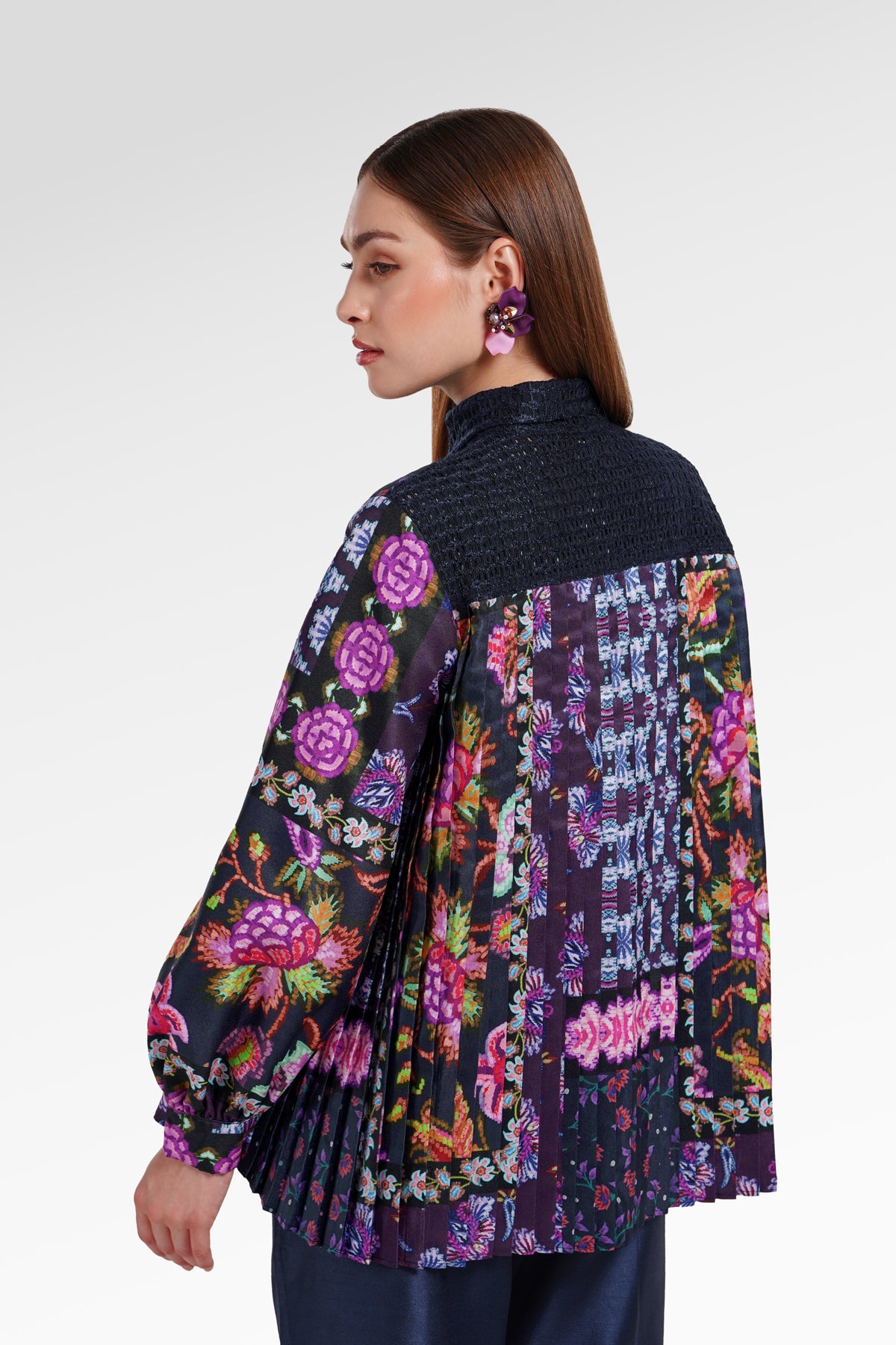 Opulent Bloom Pleated Shirt - Midnight Mosaic