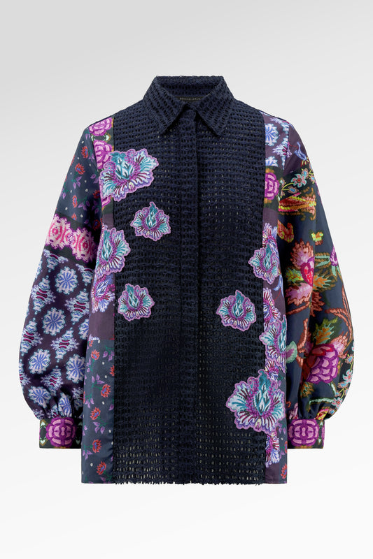 Opulent Bloom Pleated Shirt - Midnight Mosaic
