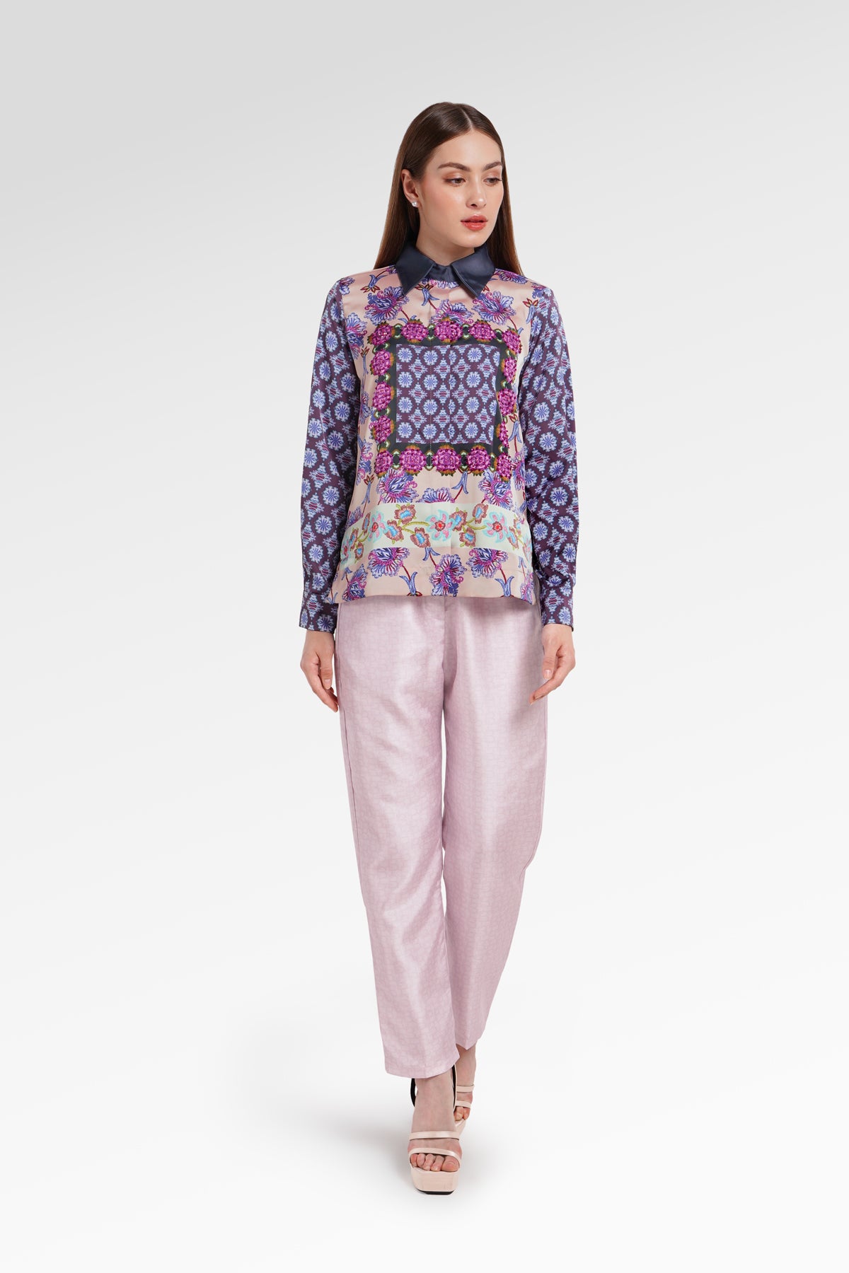 Opulent Bloom Satin Beads Shirt - Floral Ink