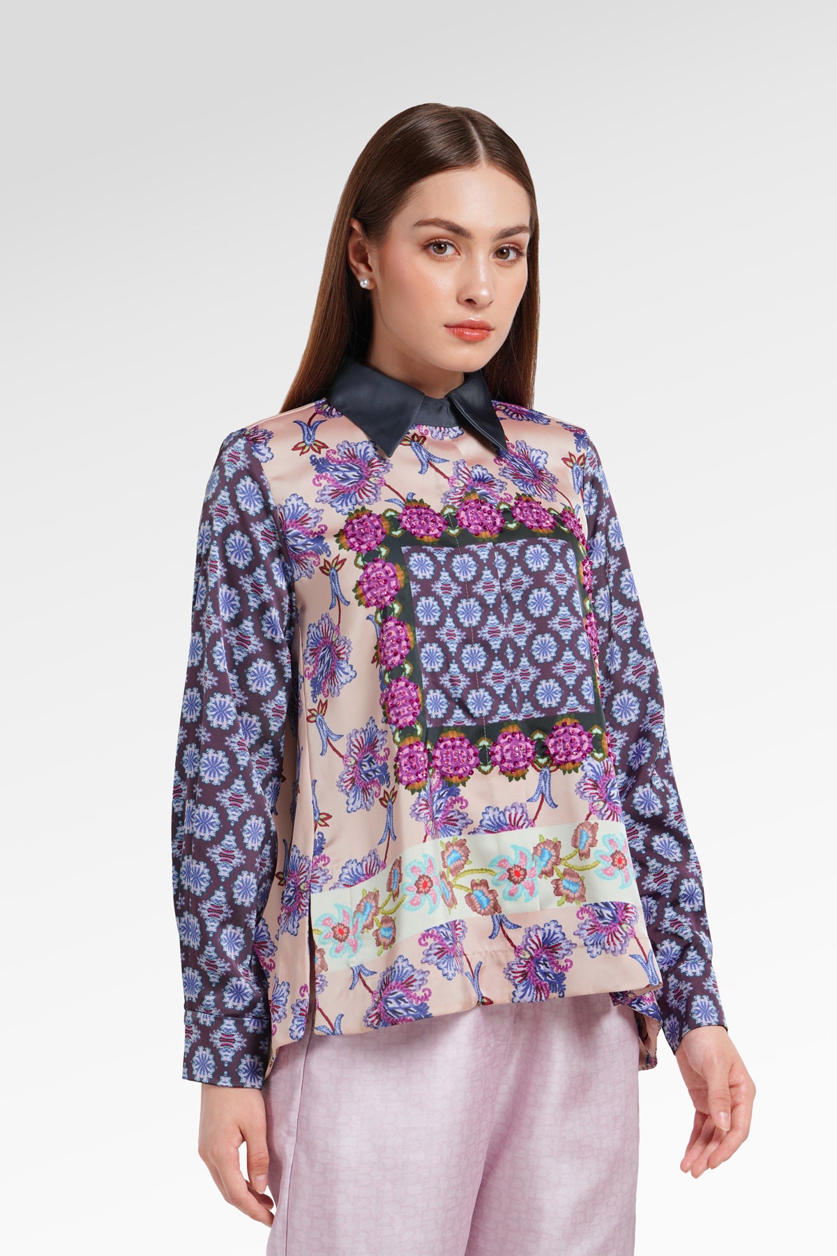 Opulent Bloom Satin Beads Shirt - Floral Ink