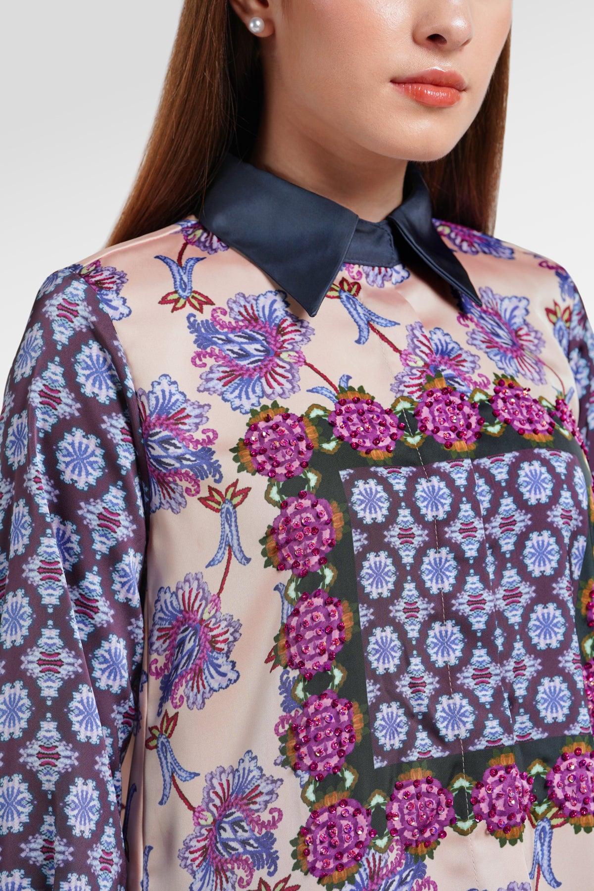 Opulent Bloom Satin Beads Shirt - Floral Ink