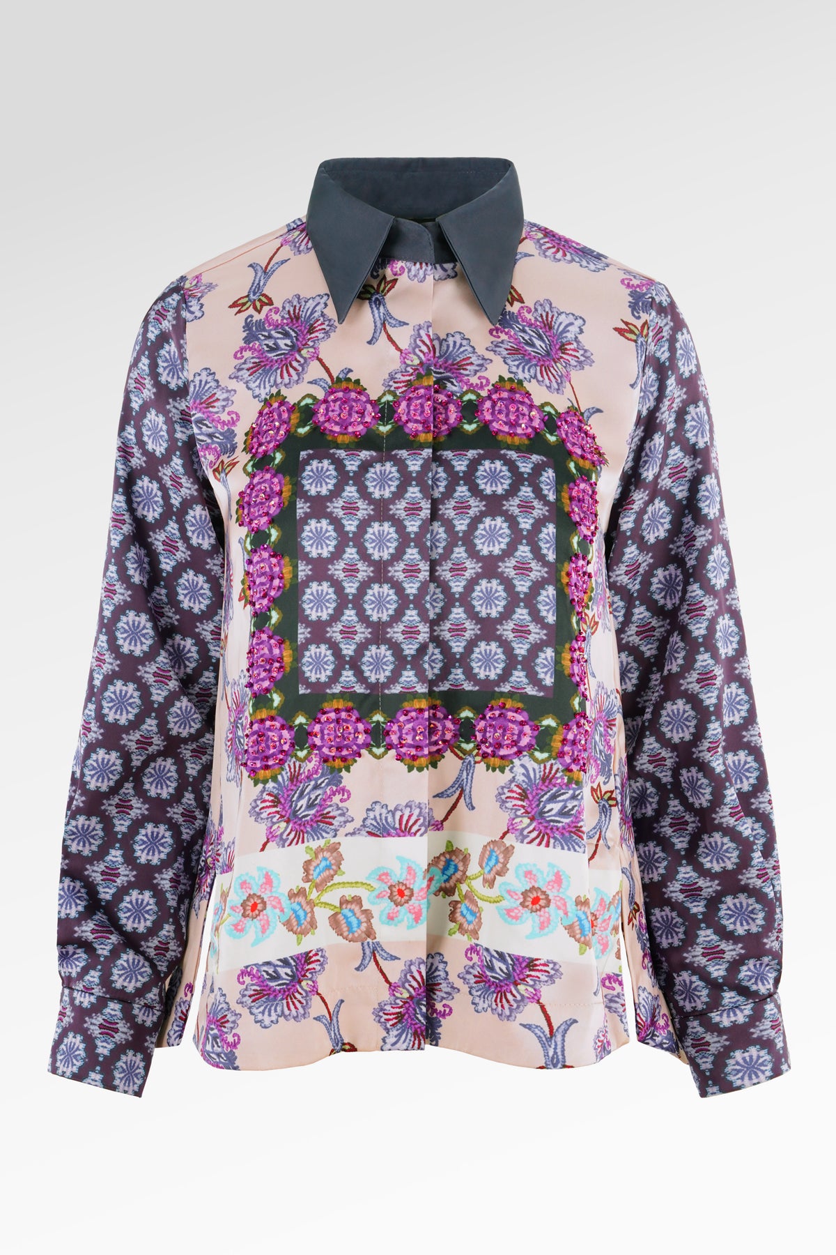 Opulent Bloom Satin Beads Shirt - Floral Ink
