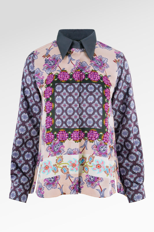 Opulent Bloom Satin Beads Shirt - Floral Ink