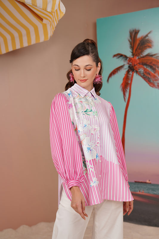 Buttonscarves x Jovian Paradiso Priscilla Blouse In White Pink