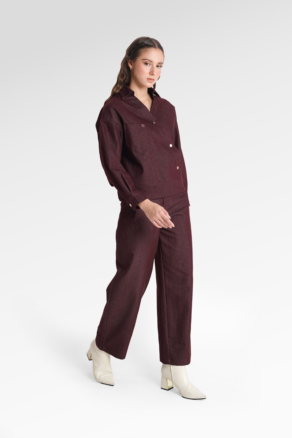 Raine Denim Overlap Top - Maroon