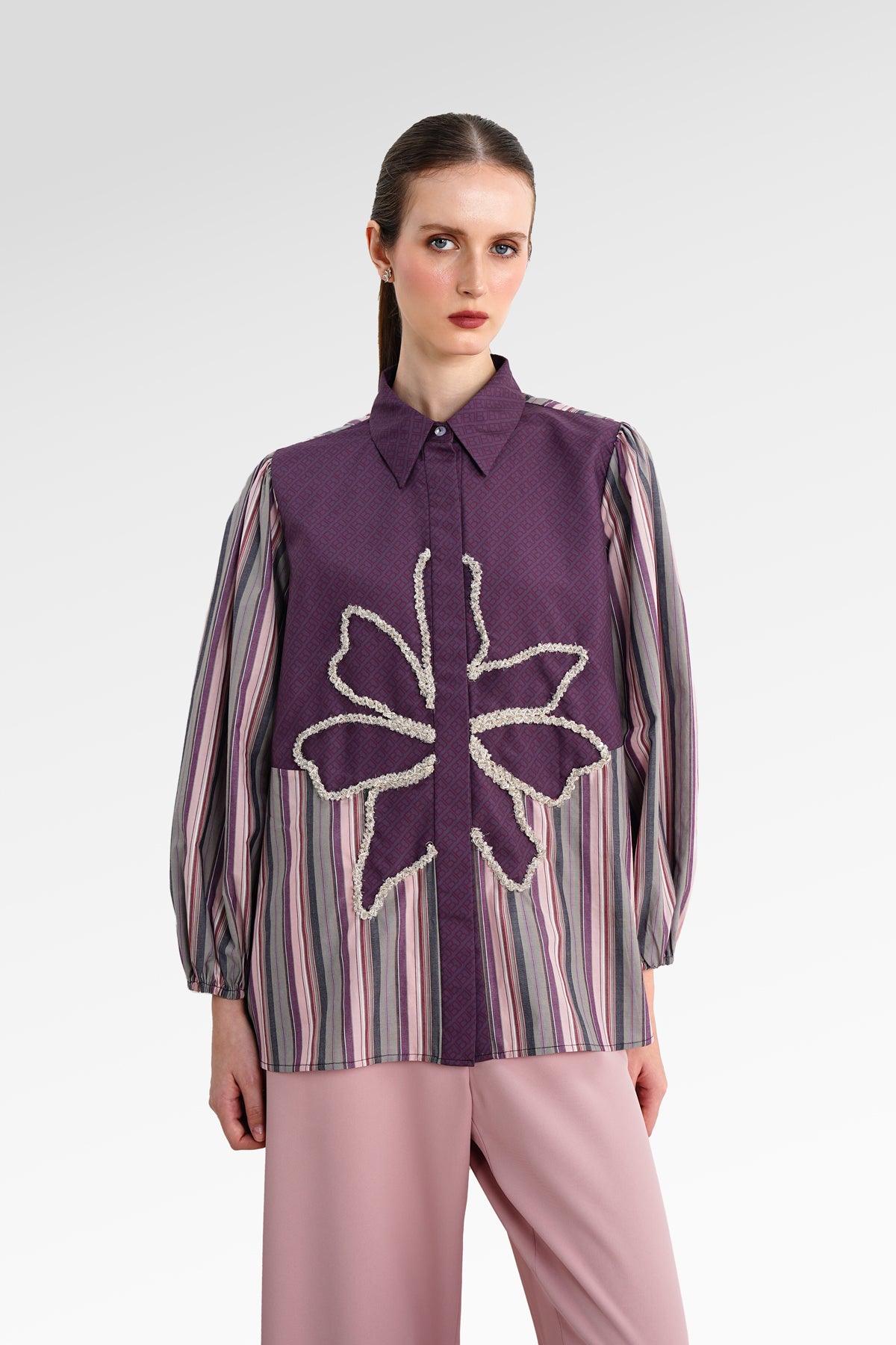 The Monogram Embroidery Beads Shirt - Purple