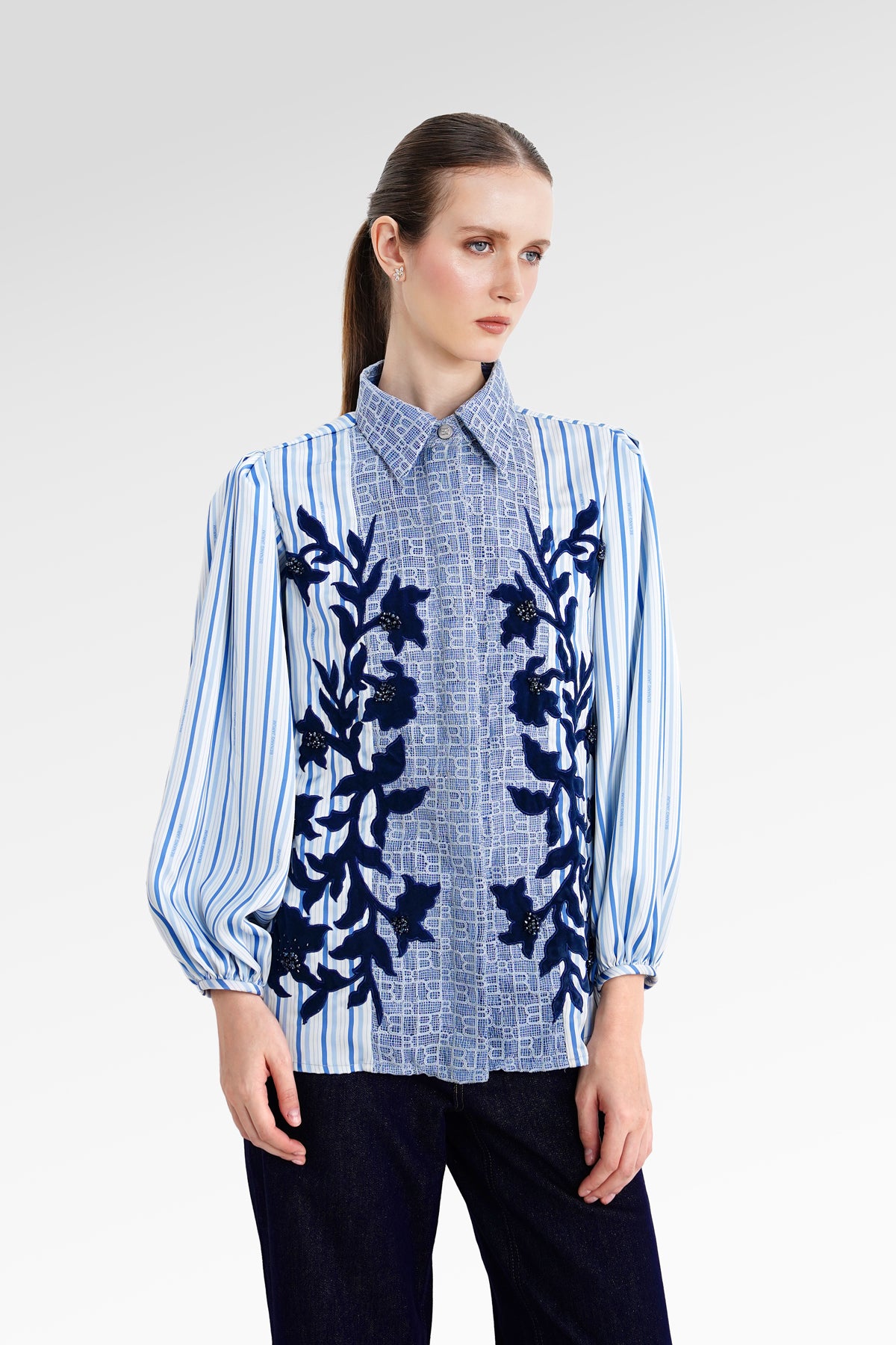 The Monogram Embroidery Velvet Shirt - Timeless Blue
