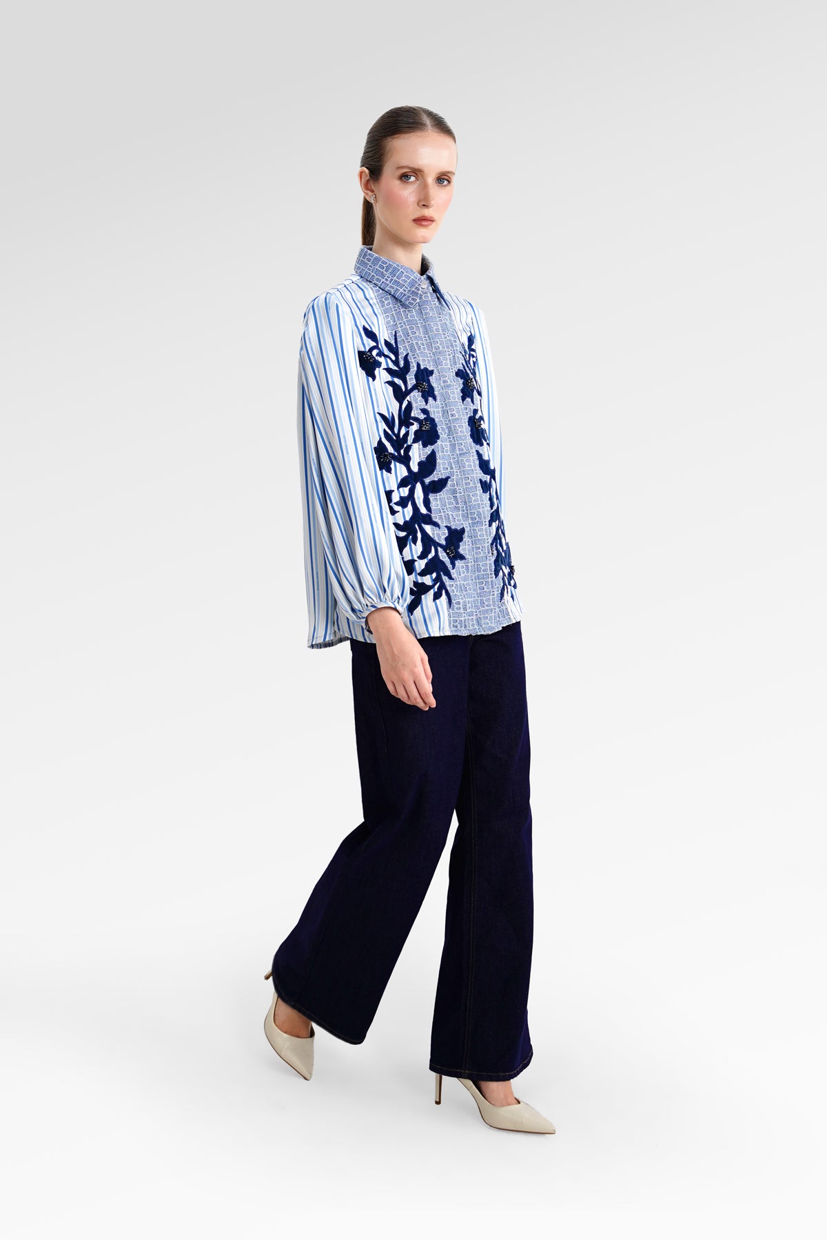 The Monogram Embroidery Velvet Shirt - Timeless Blue
