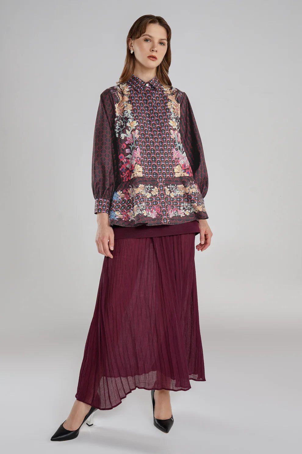 Floral Symphony Peplum Shirt - Poppy