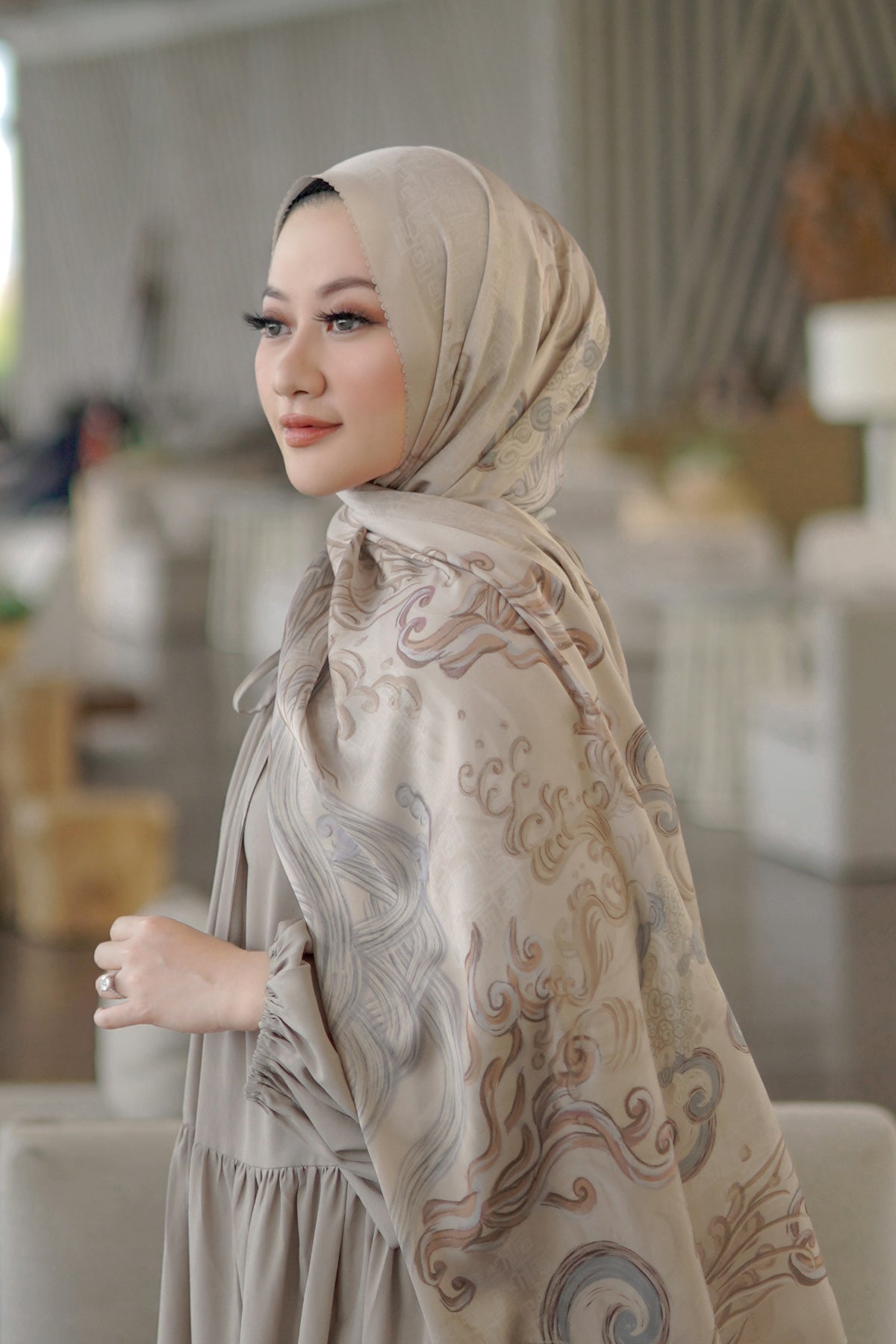 The Wave Satin Shawl in Sand