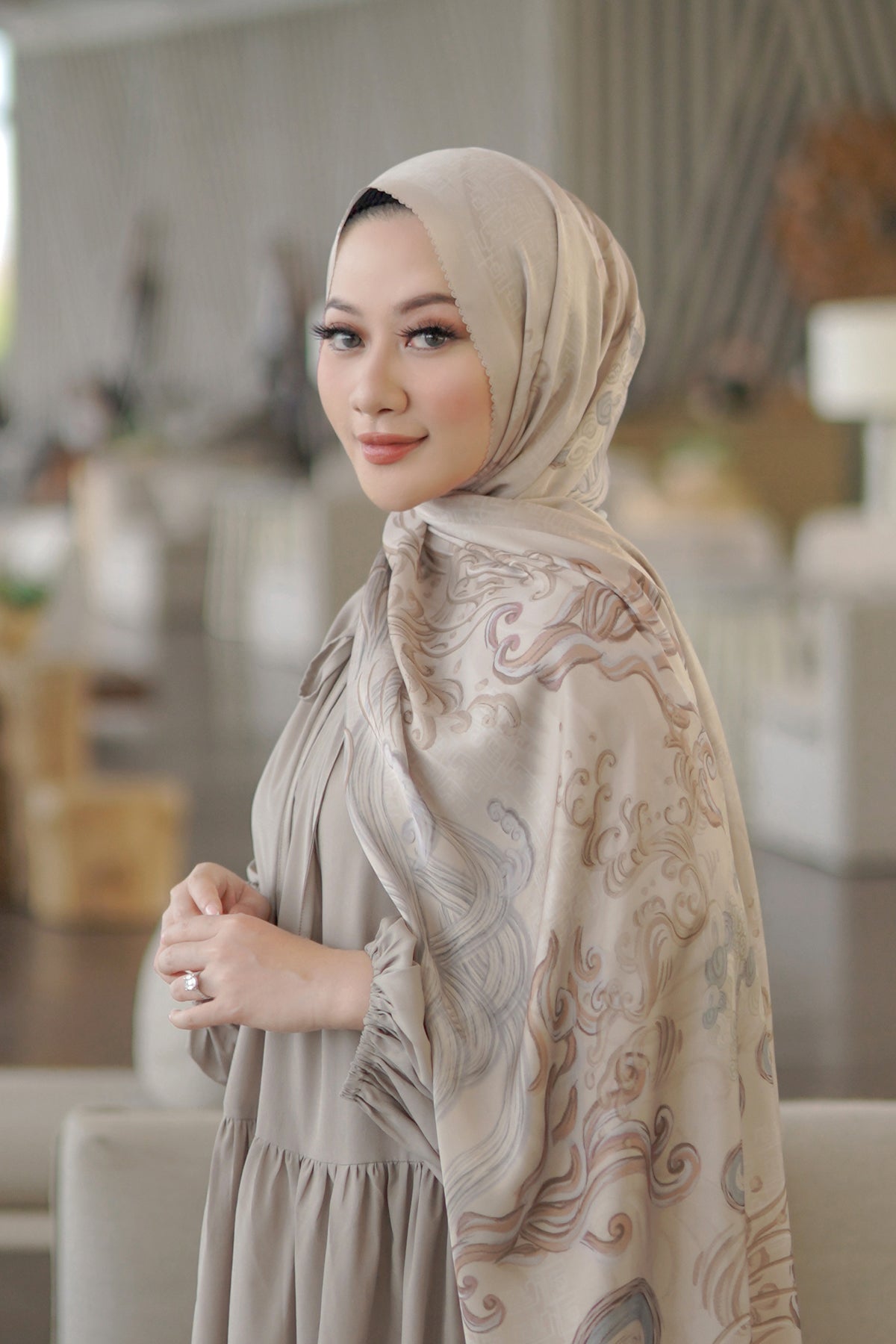 The Wave Satin Shawl in Sand