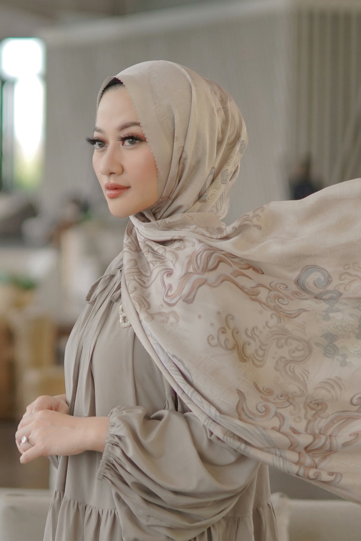 The Wave Satin Shawl in Sand